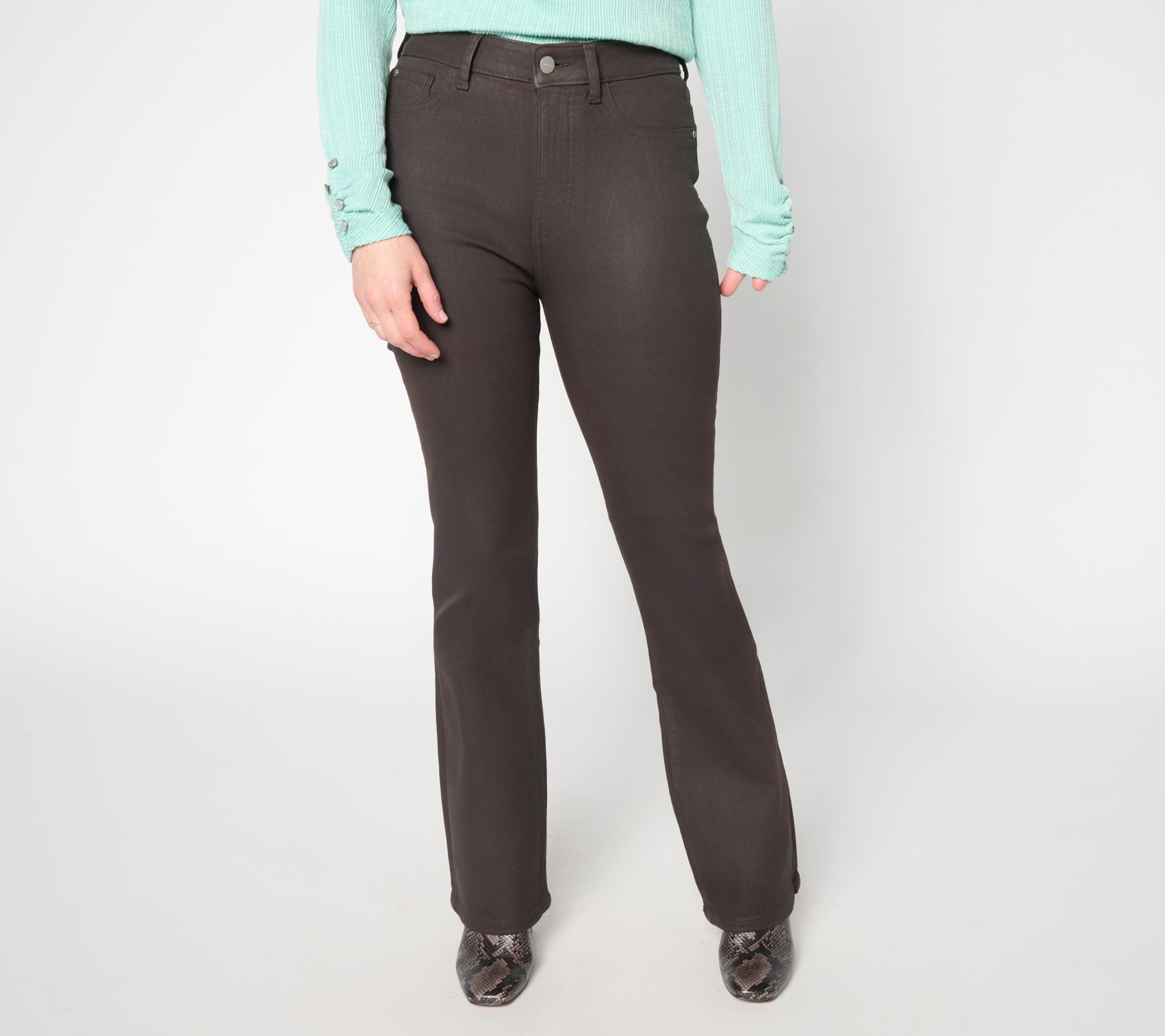 "As Is" Warp & Weft PHL Jet-Set Stretch Coated Boot-cut Denim Jeans