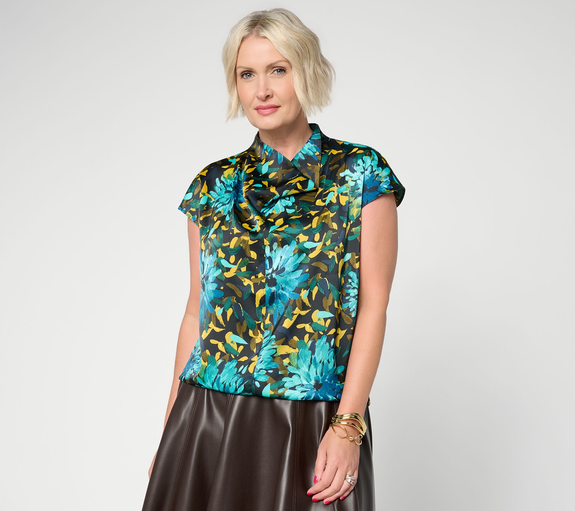 Carla Rockmore Collection Disco Satin Cap Sleeve Cowl Neck Top