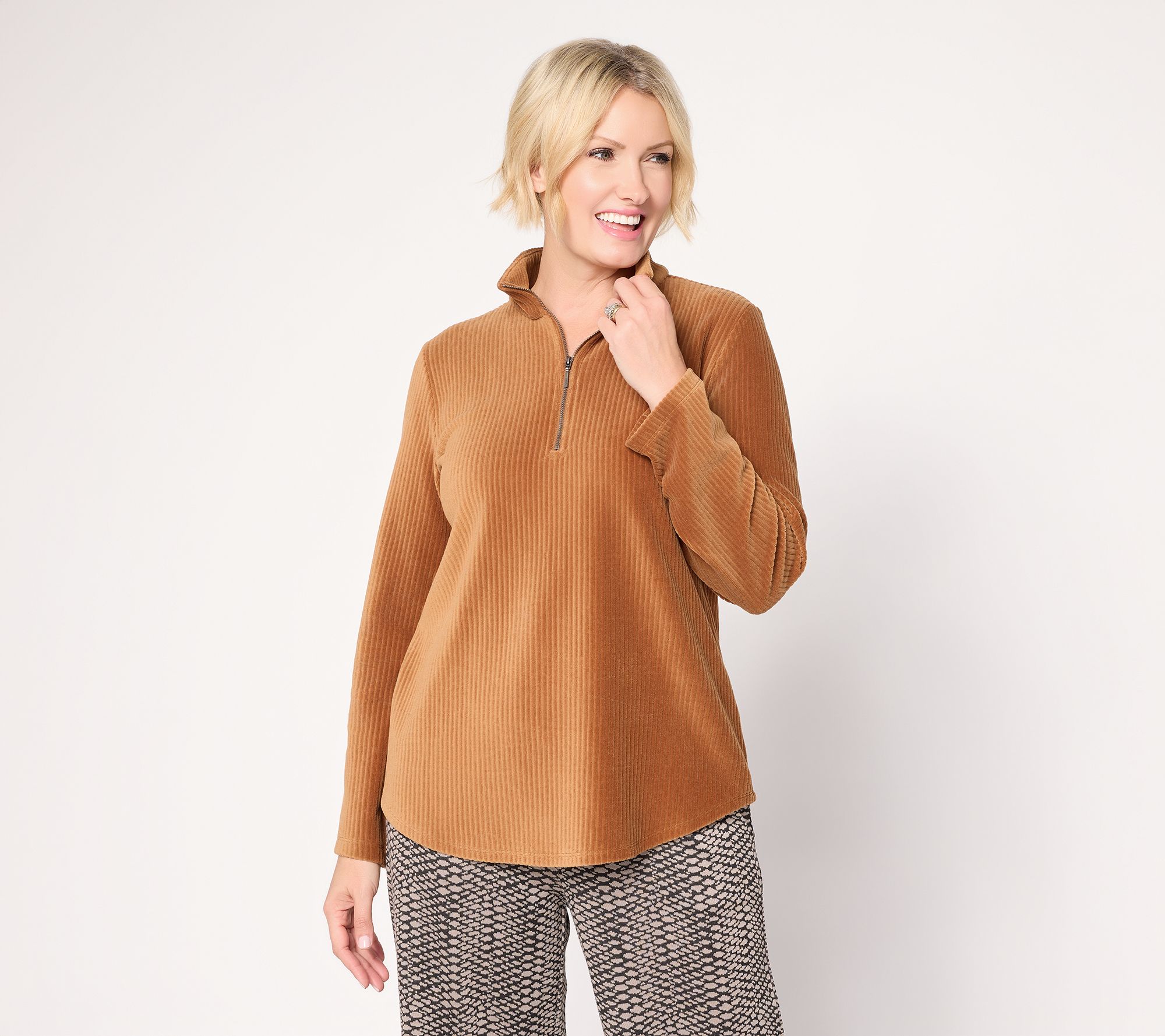 "As Is" Susan Graver Weekend Knit Corduroy Half Zip Mock Neck Top