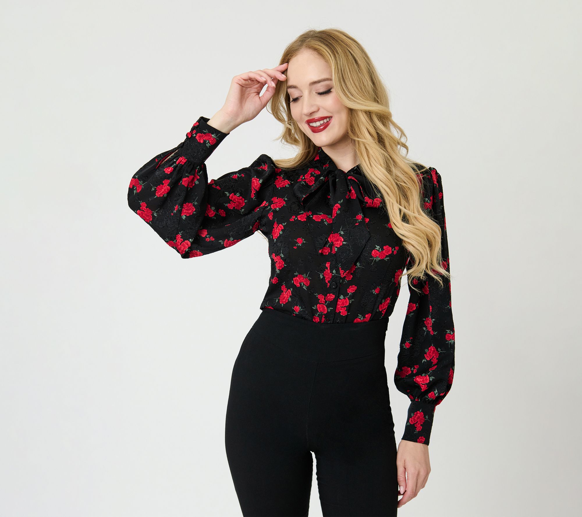Unique Vintage Black & Red Roses Long Sleeve Gwen Blouse