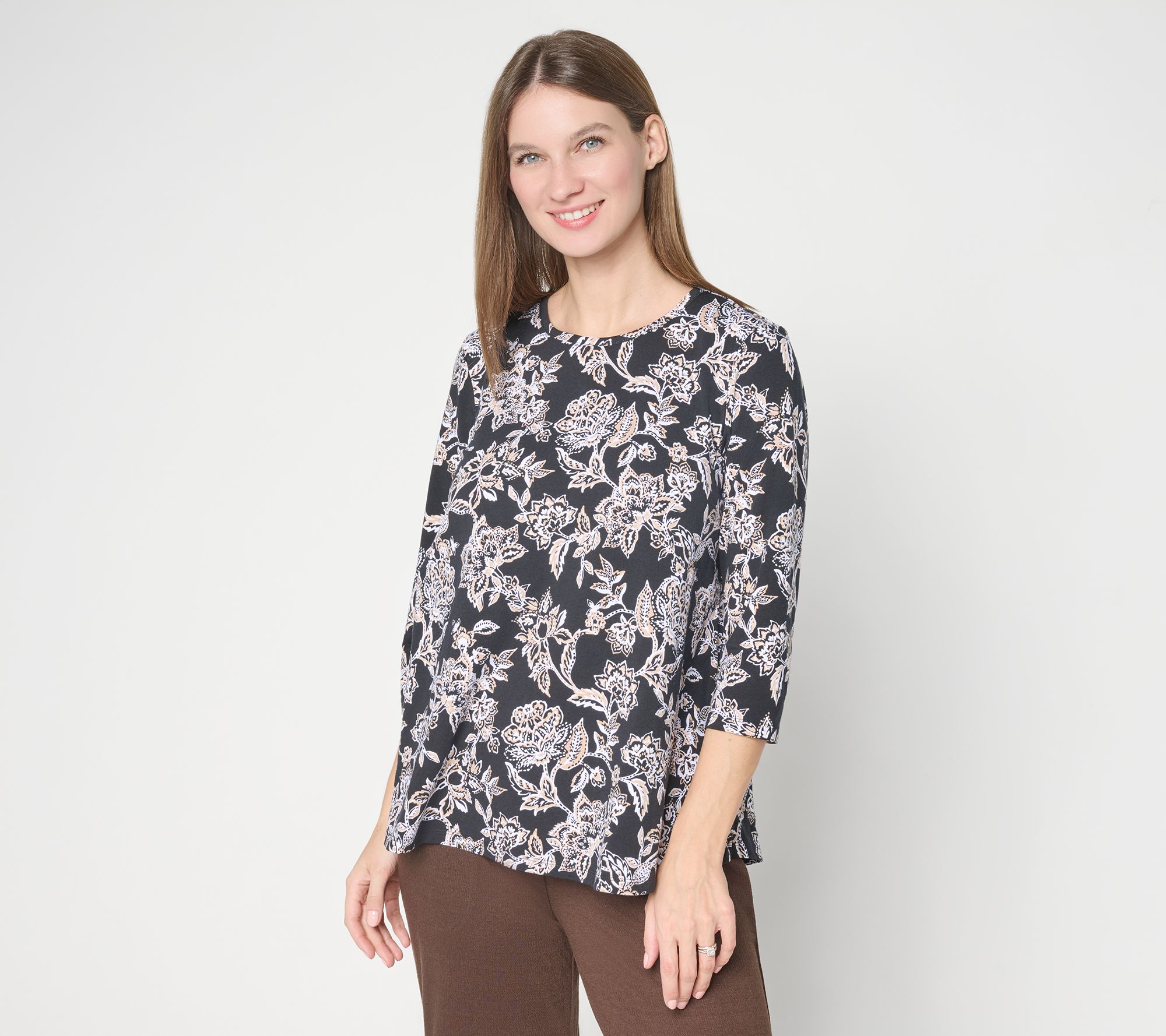 "As Is" Denim & Co. Beach Jersey Round Neck 3/4 Sleeve Swing Top