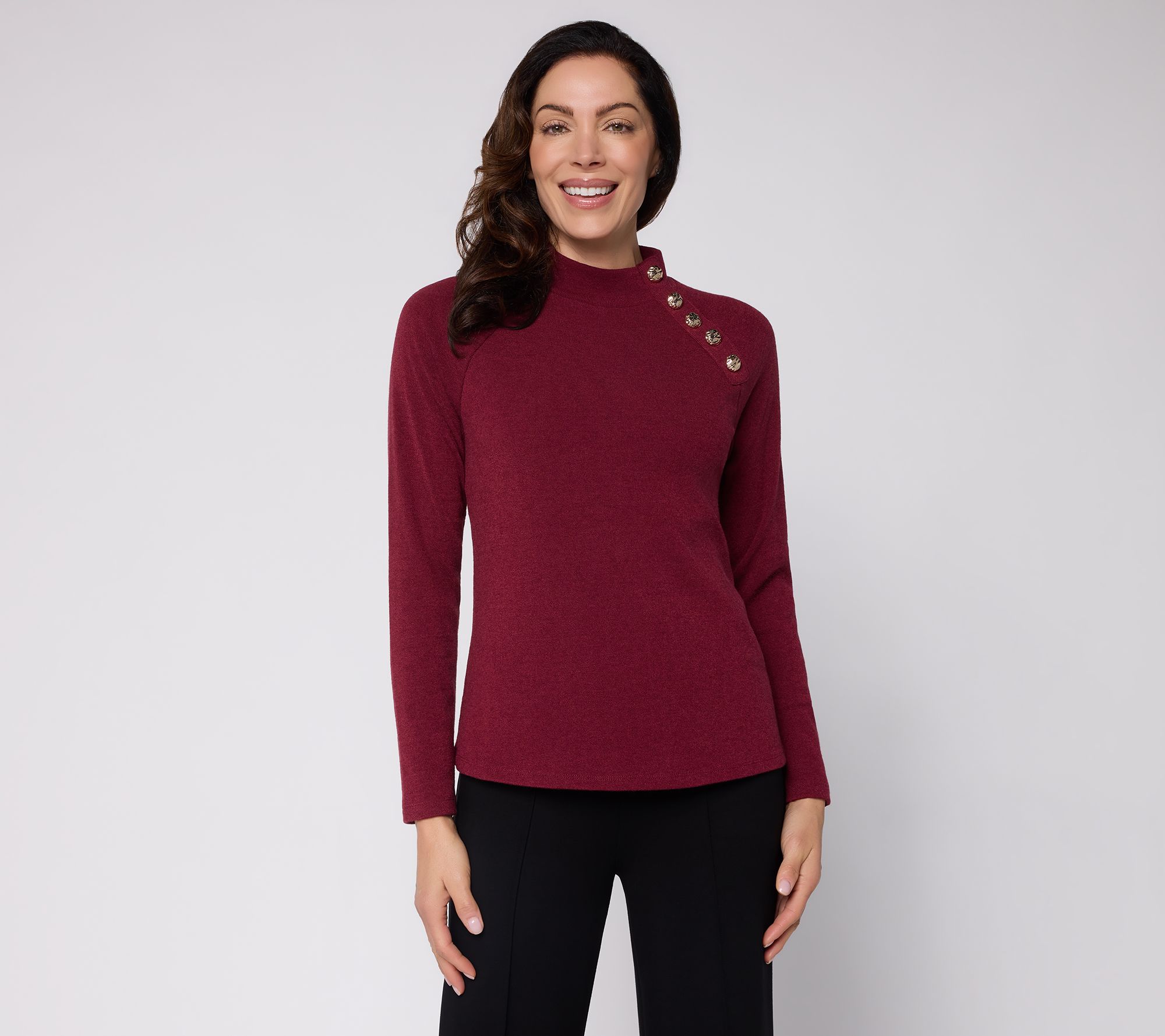 Dennis Basso Sweater Knit Top with Angled Raglan Buttons
