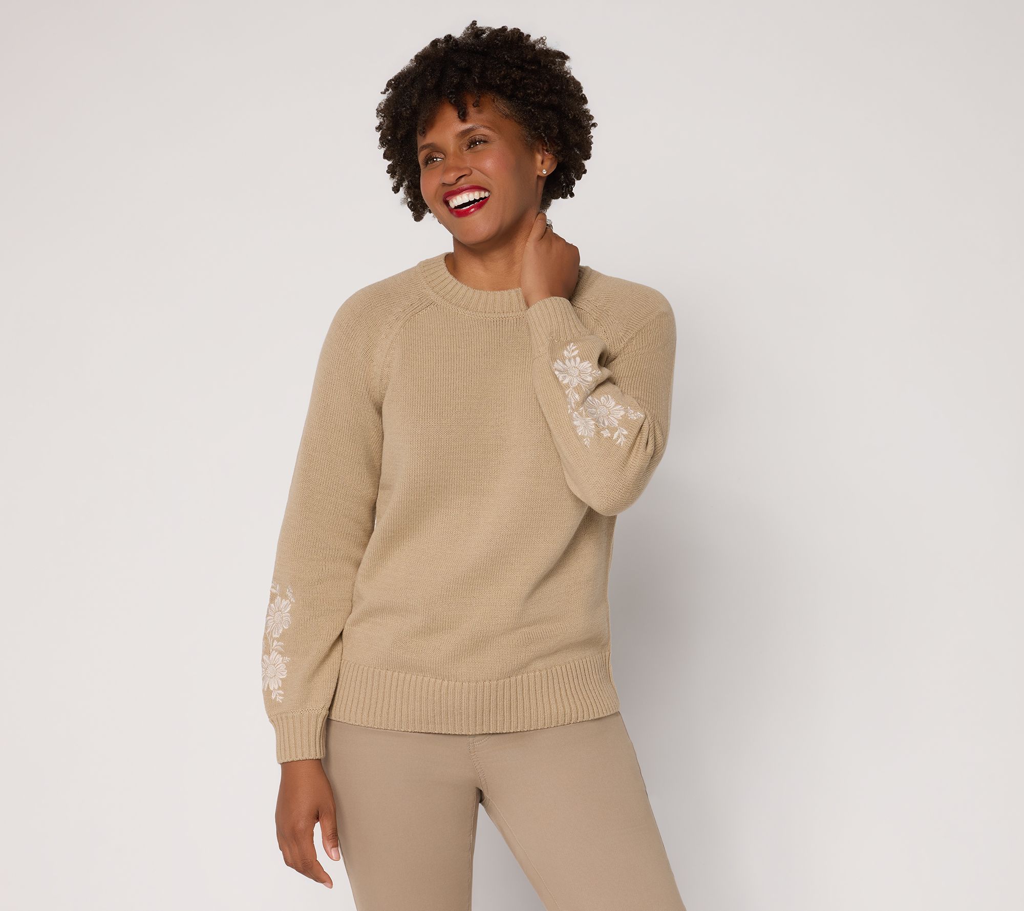 Denim & Co. Crew Neck Raglan Sleeve Sweater with Embroidery