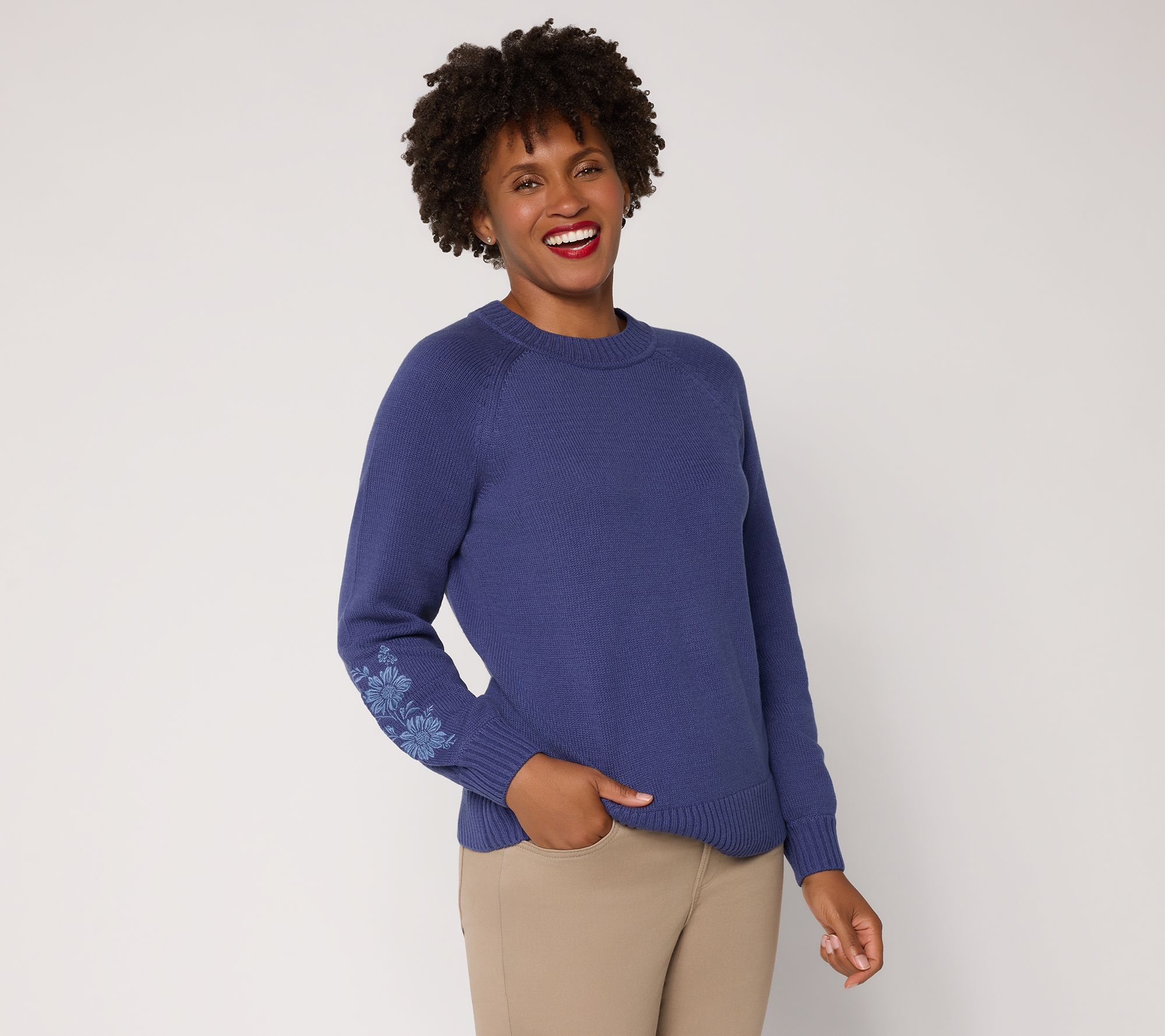 Denim & Co.Crew Neck Raglan Sleeve Sweater with Embroidery
