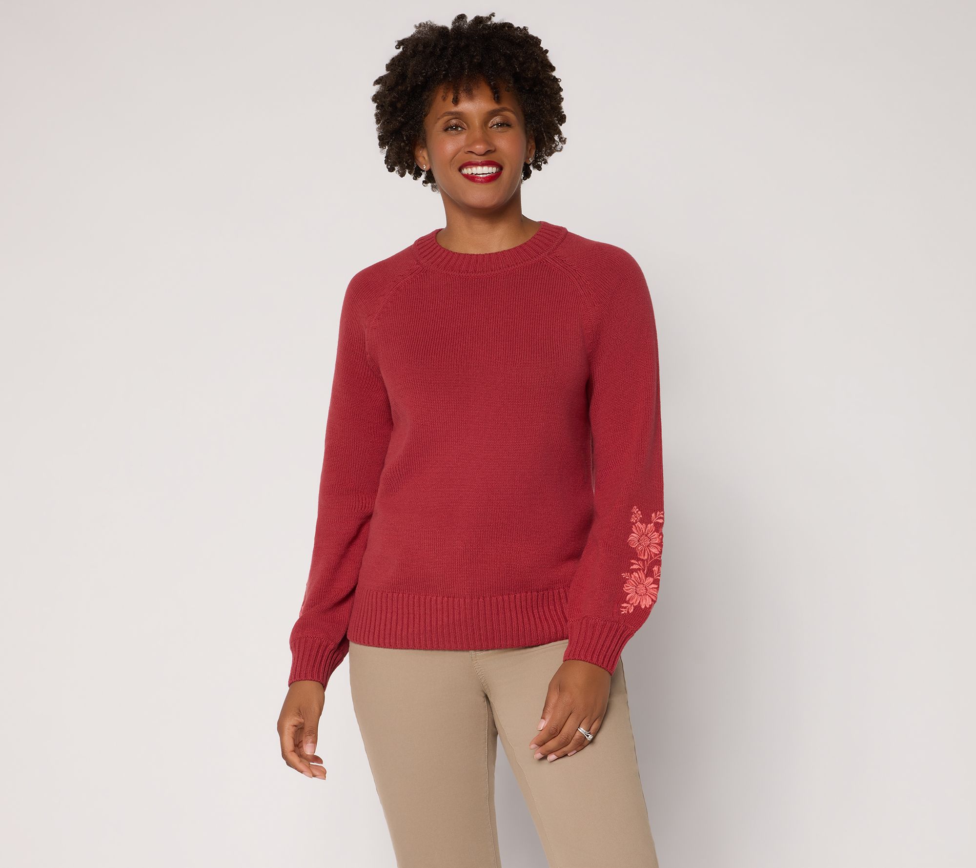 Denim & Co.Crew Neck Raglan Sleeve Sweater with Embroidery