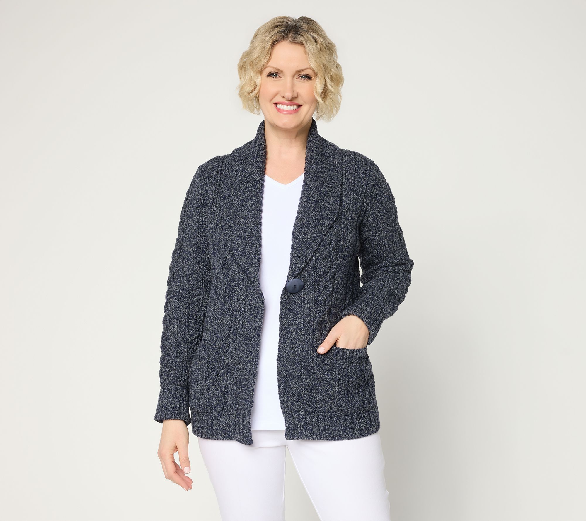 "As Is" Aran Crafts Merino Wool One-Button Sweater Cardigan