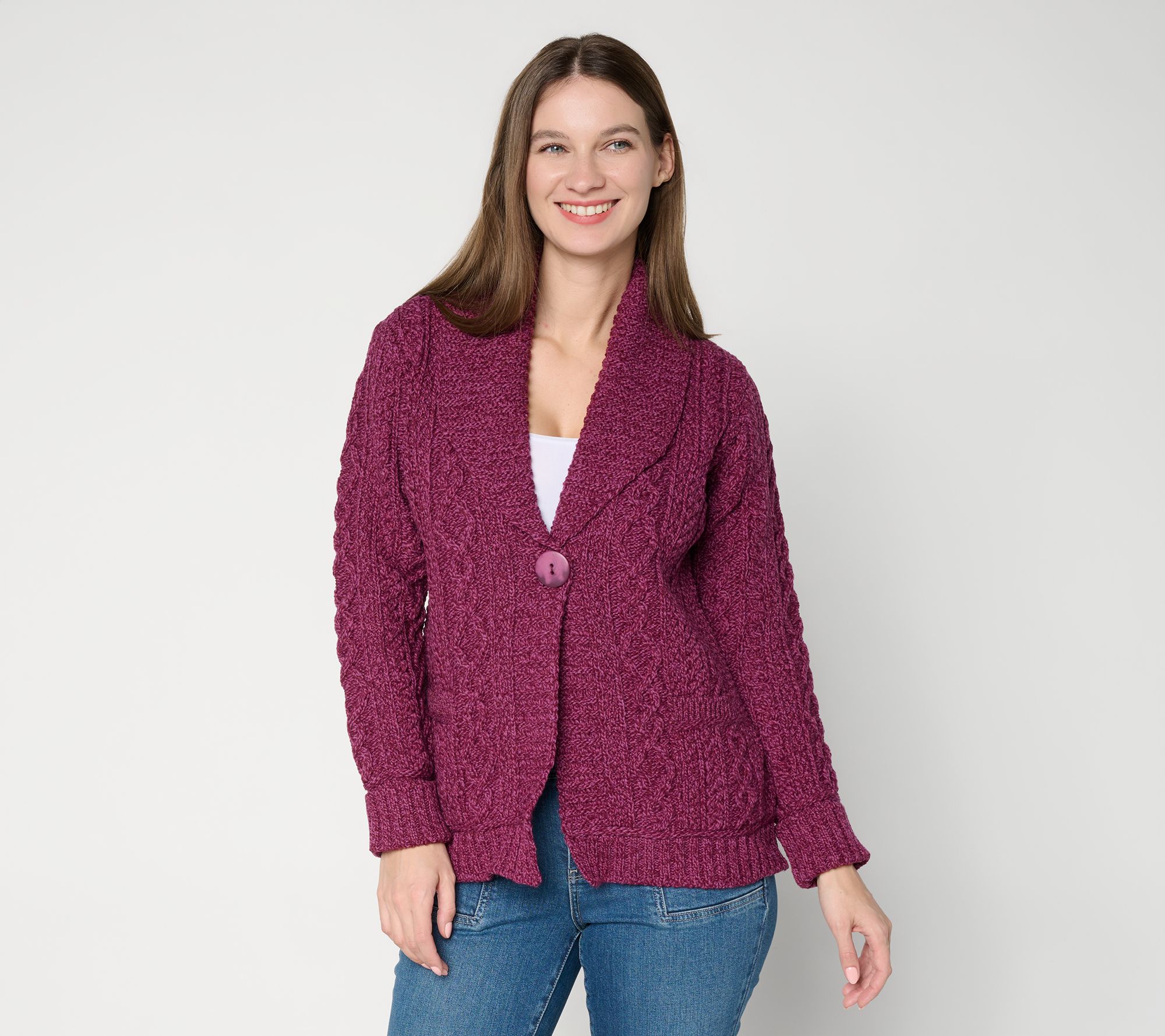 "As Is" Aran Crafts Merino Wool One-Button Sweater Cardigan