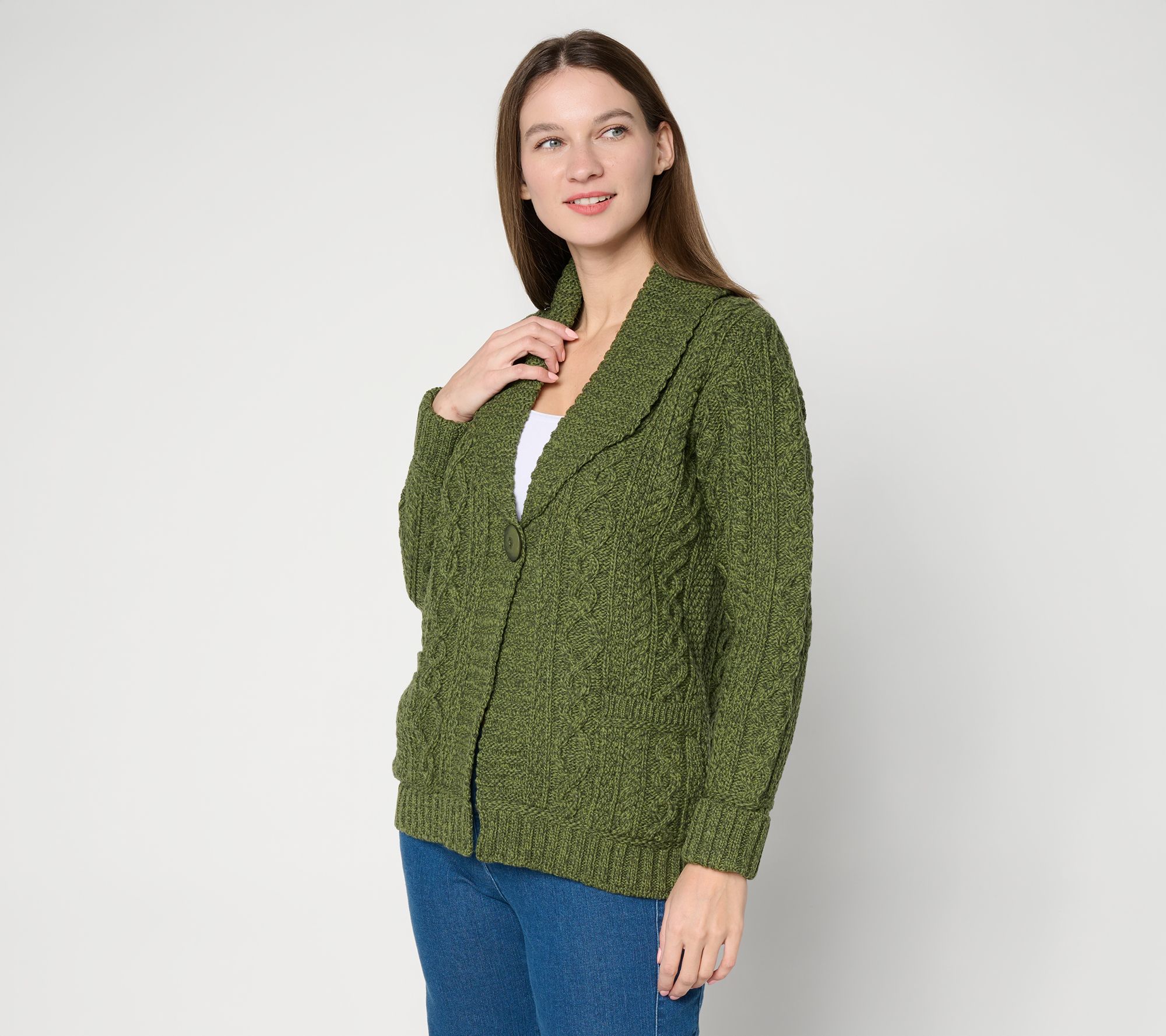 "As Is" Aran Crafts Merino Wool One-Button Sweater Cardigan