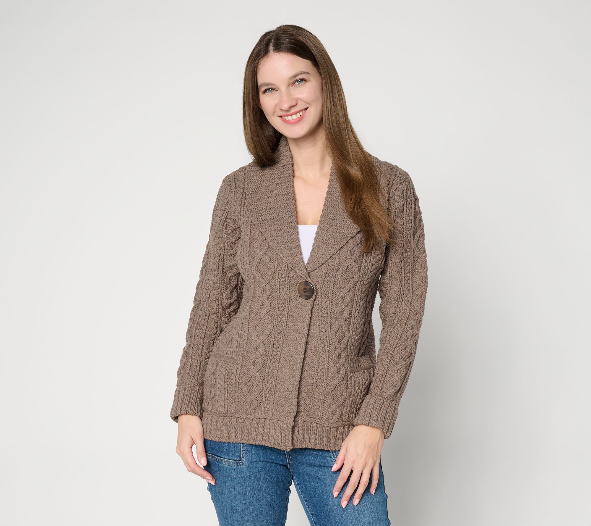"As Is" Aran Crafts Merino Wool One-Button Sweater Cardigan