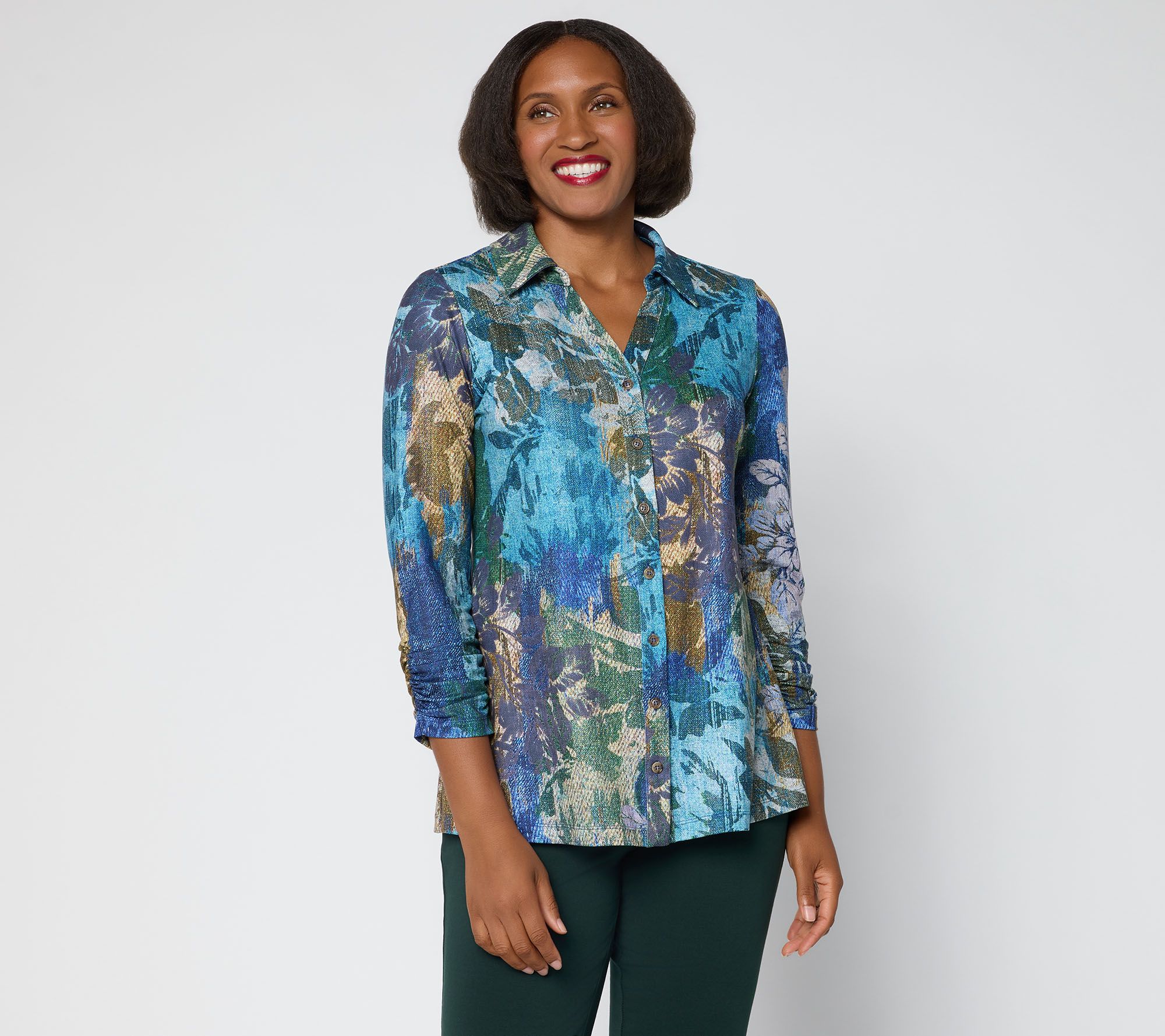 Susan Graver Printed Brushed Knit Button Front 3/4 Sleeve Top