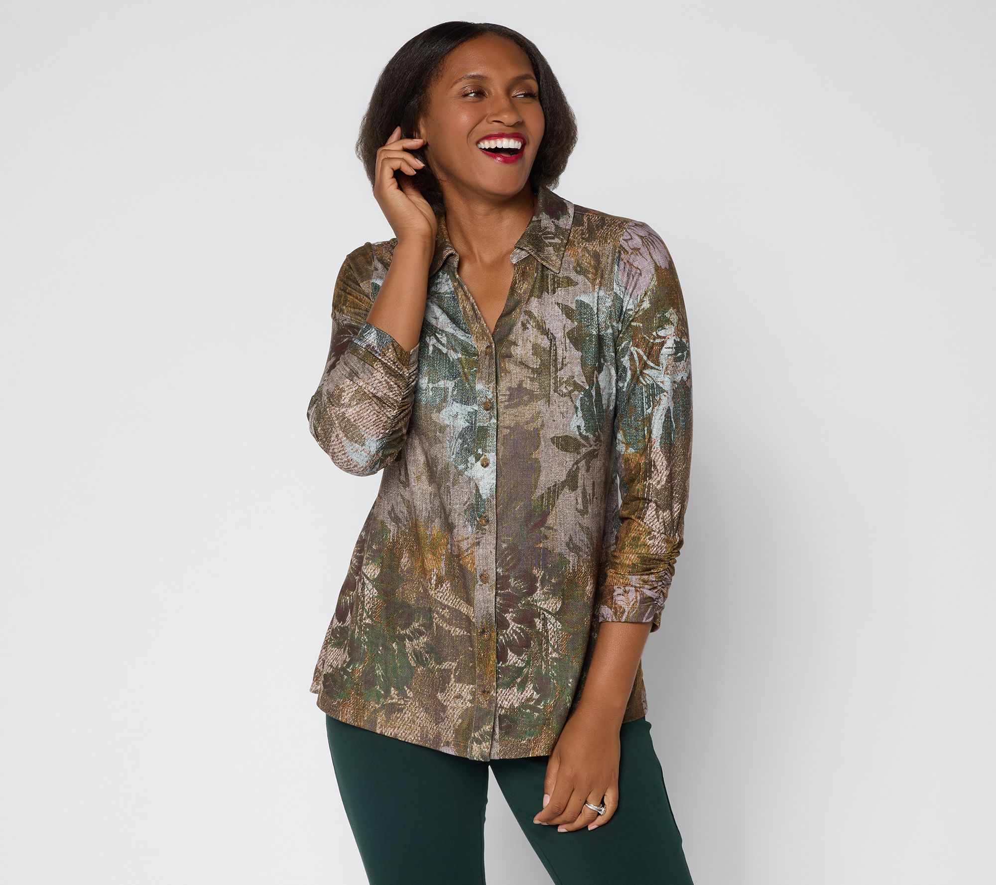 Susan Graver Printed Brushed Knit Button Front 3/4 Sleeve Top
