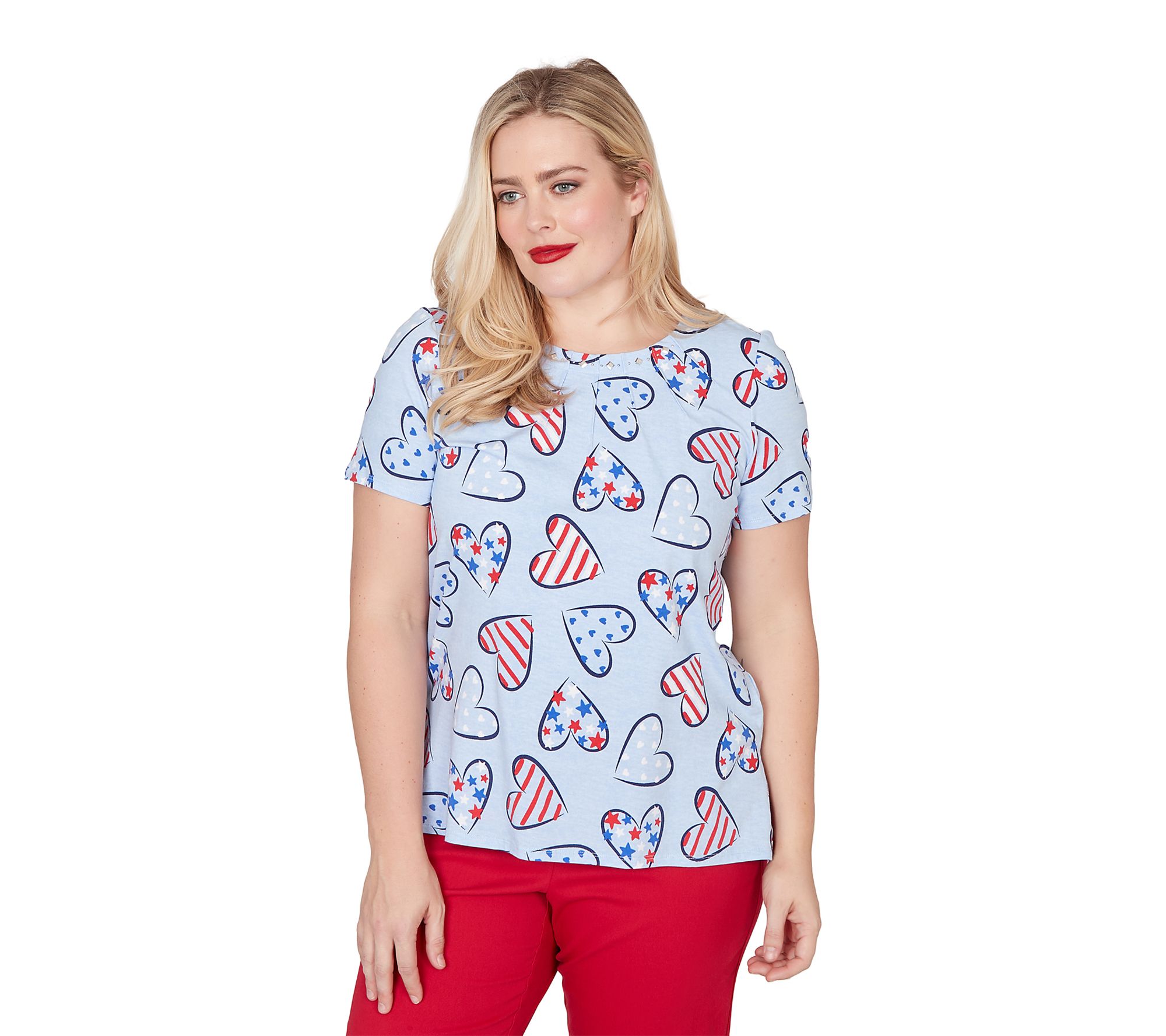 Alfred Dunner Women's American Flag Hearts Printed Tee