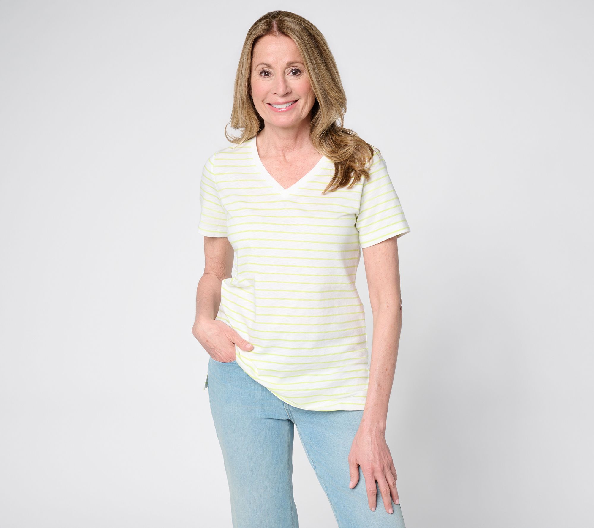"As Is" Belle by Kim Gravel Slub Knit Striped V Neck Top