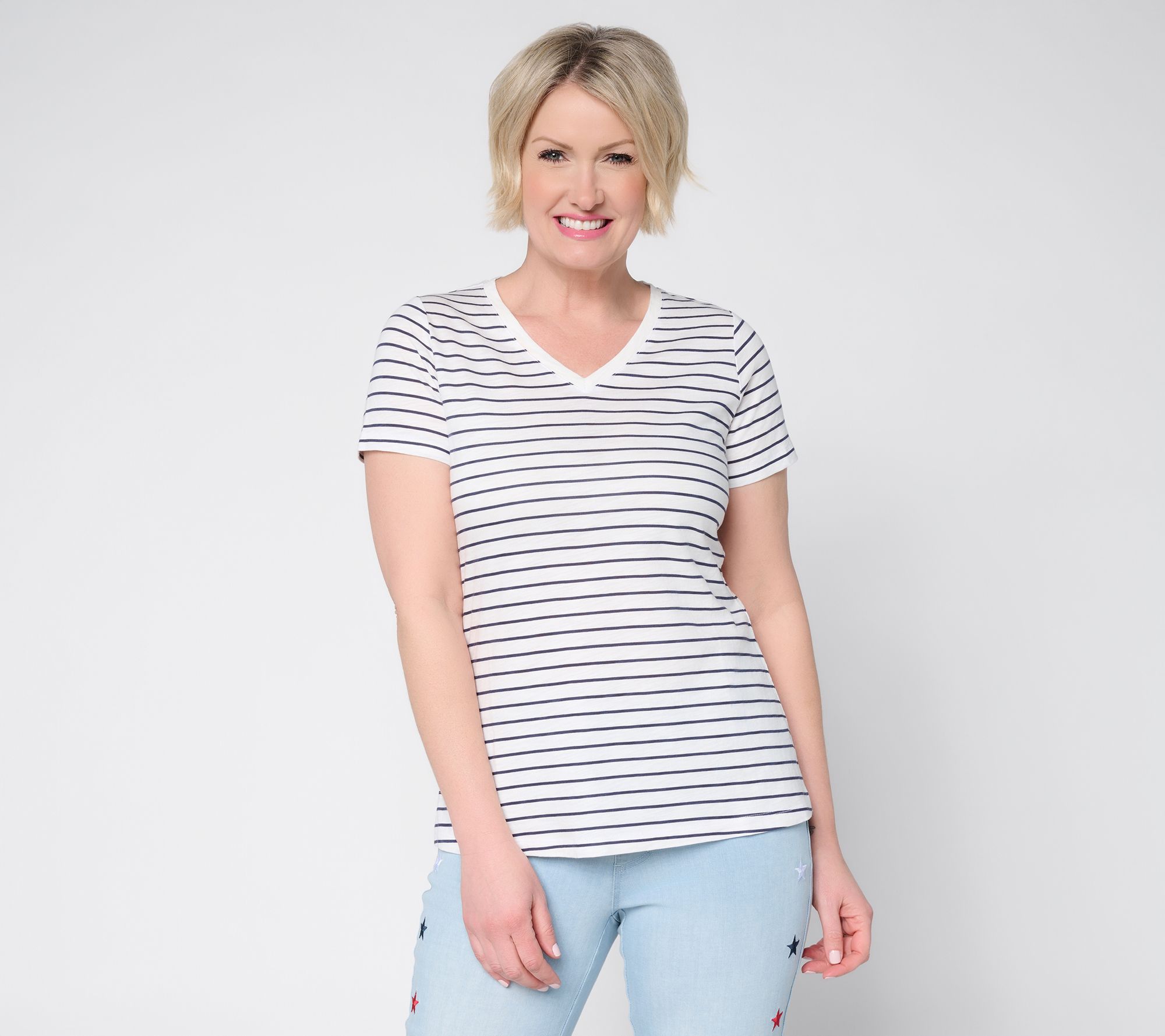 "As Is" Belle by Kim Gravel Slub Knit Striped V Neck Top