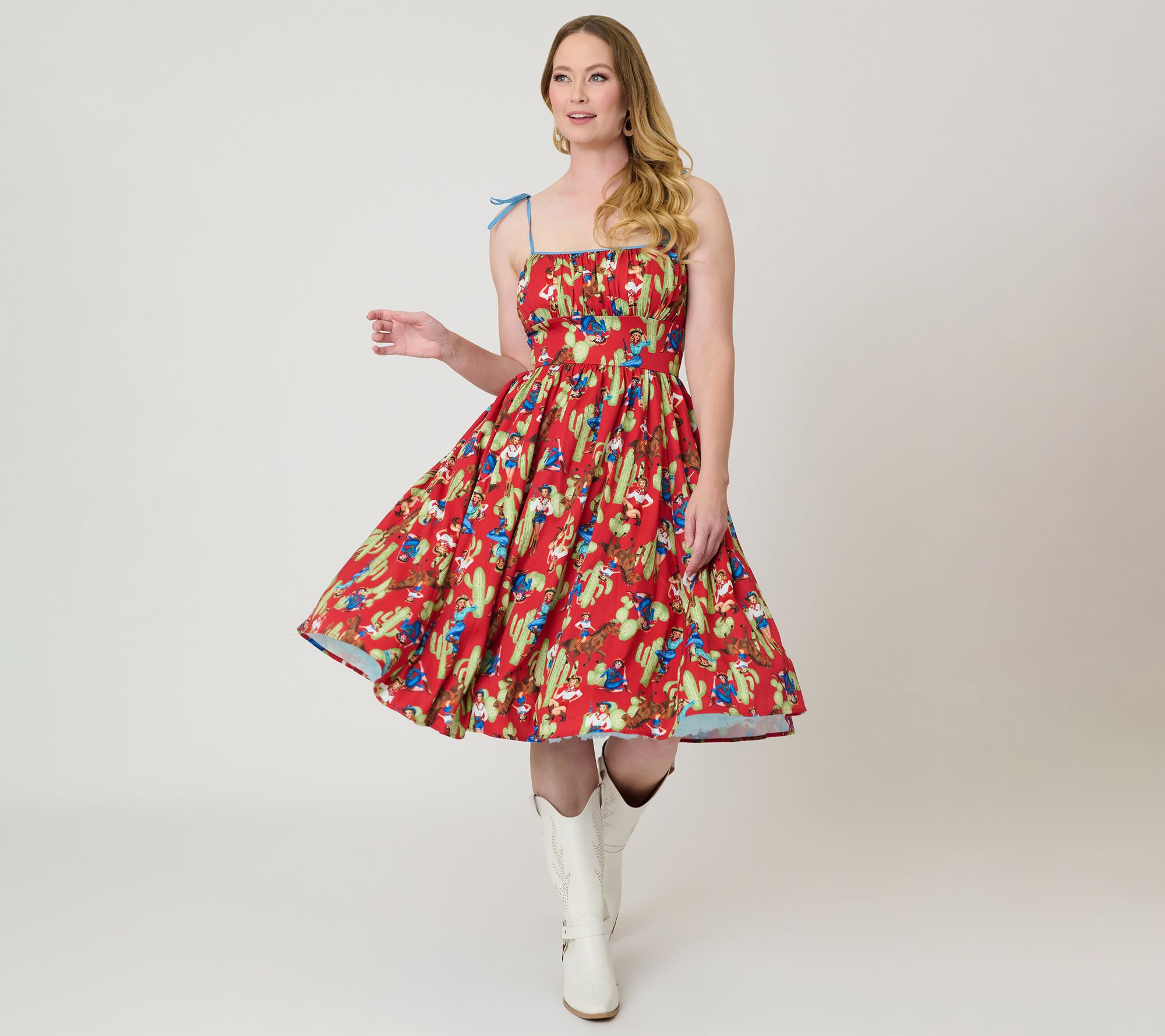 Unique Vintage Pinup Cowgirl Print Sleeveless Swing Dress
