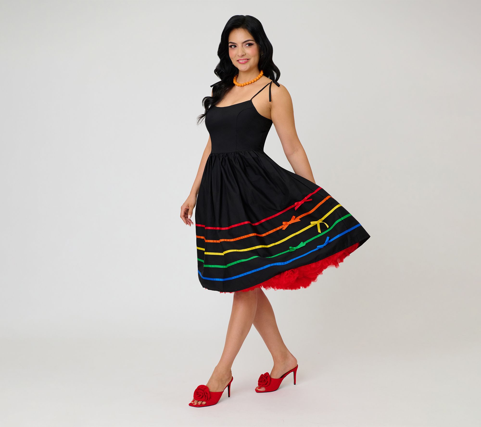 Unique Vintage Black w/ Rainbow Ribbons Spaghetti Tie Dress