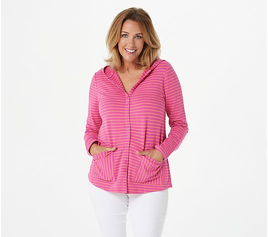 Isaac Mizrahi Live! French Terry Striped Button Front Hoodie
