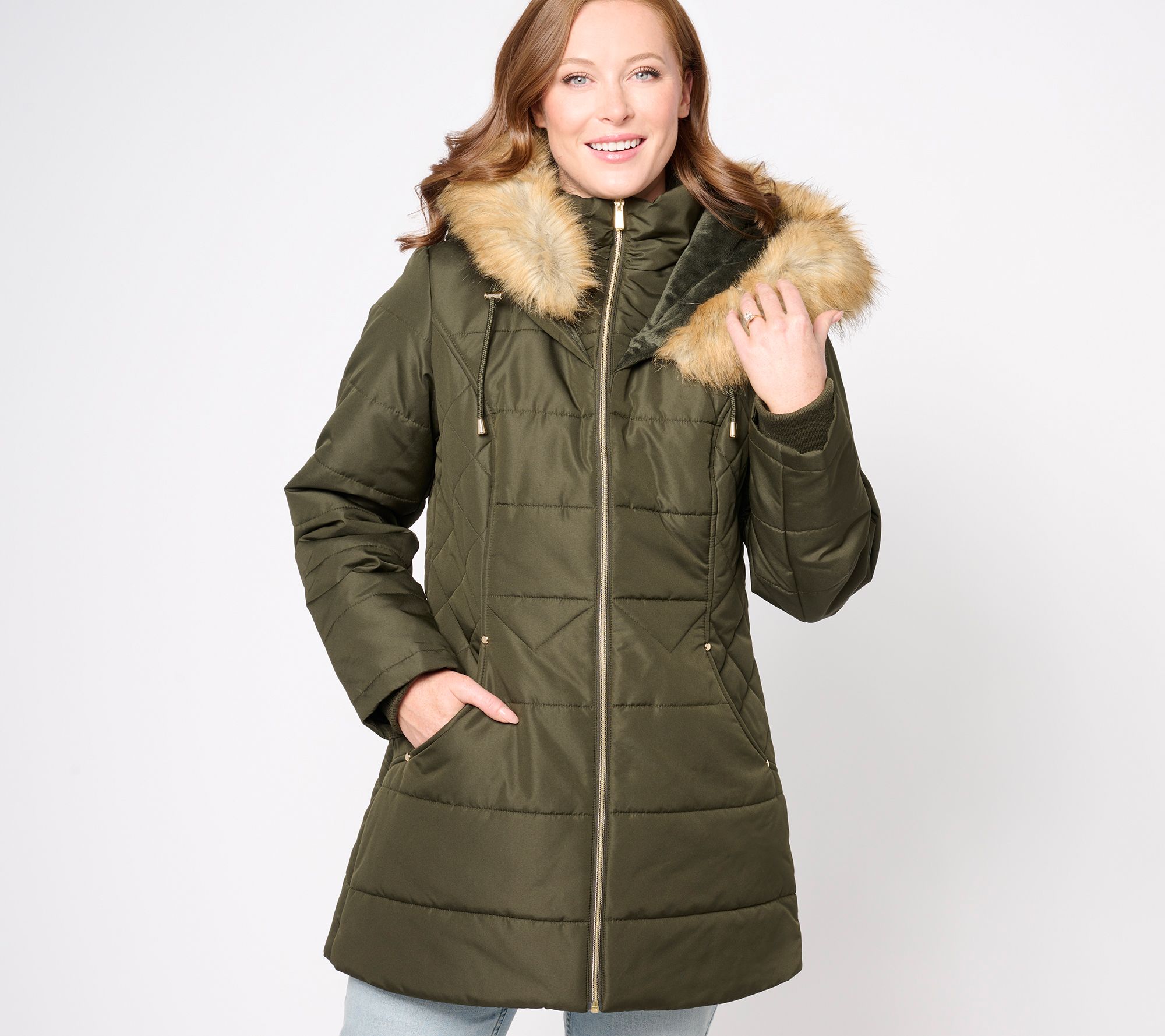Susan Graver Water Resistant Quilted Pufferjacket w/ Hood, Size XX-Small, Olive