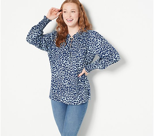 Belle by Kim Gravel Animal Print Blouse with Smocking Detail