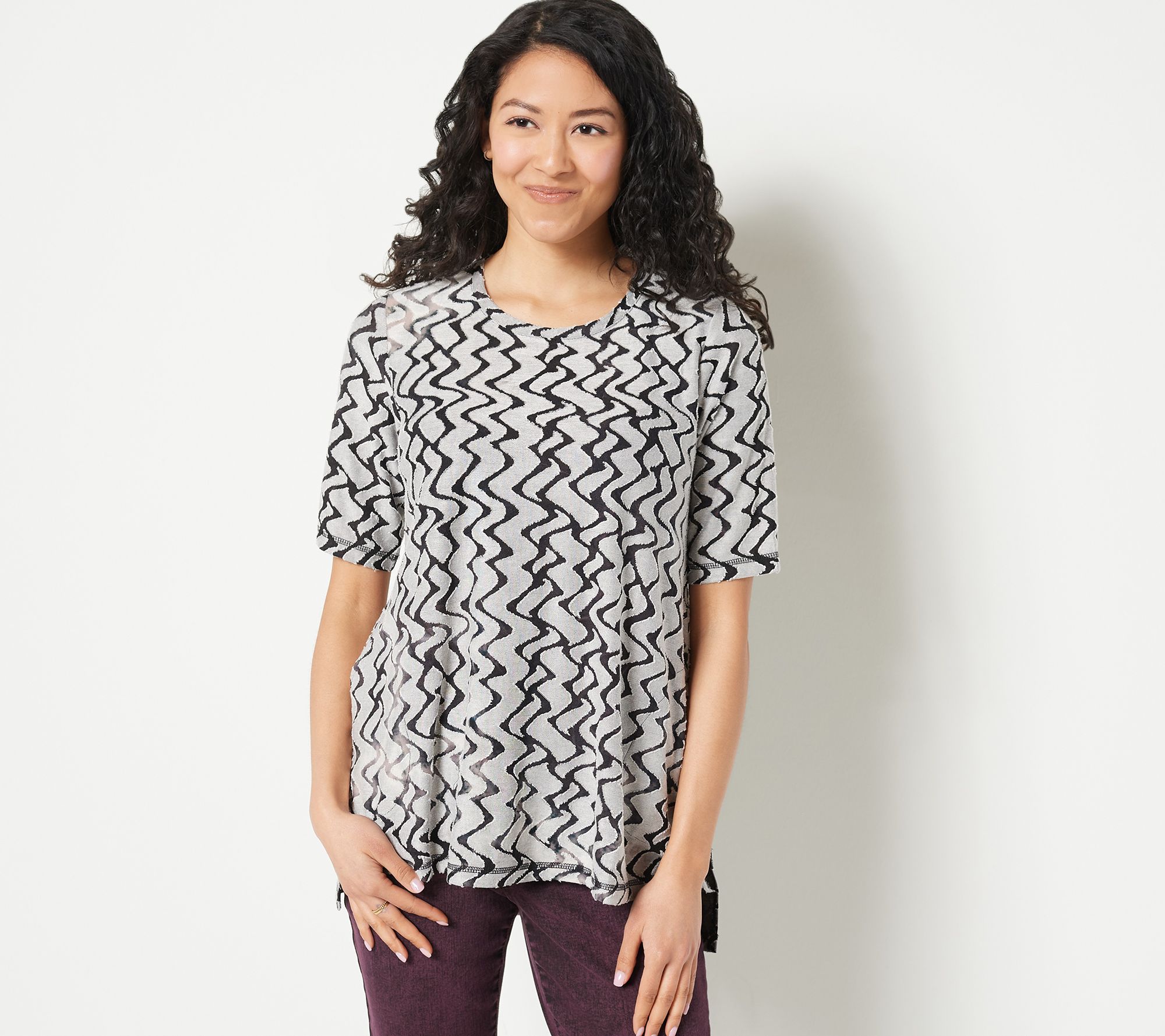 トップス Mary logo tops LOGO by Lori Goldstein Knit Jacquard Hi-Low Hem Top - QVC.com