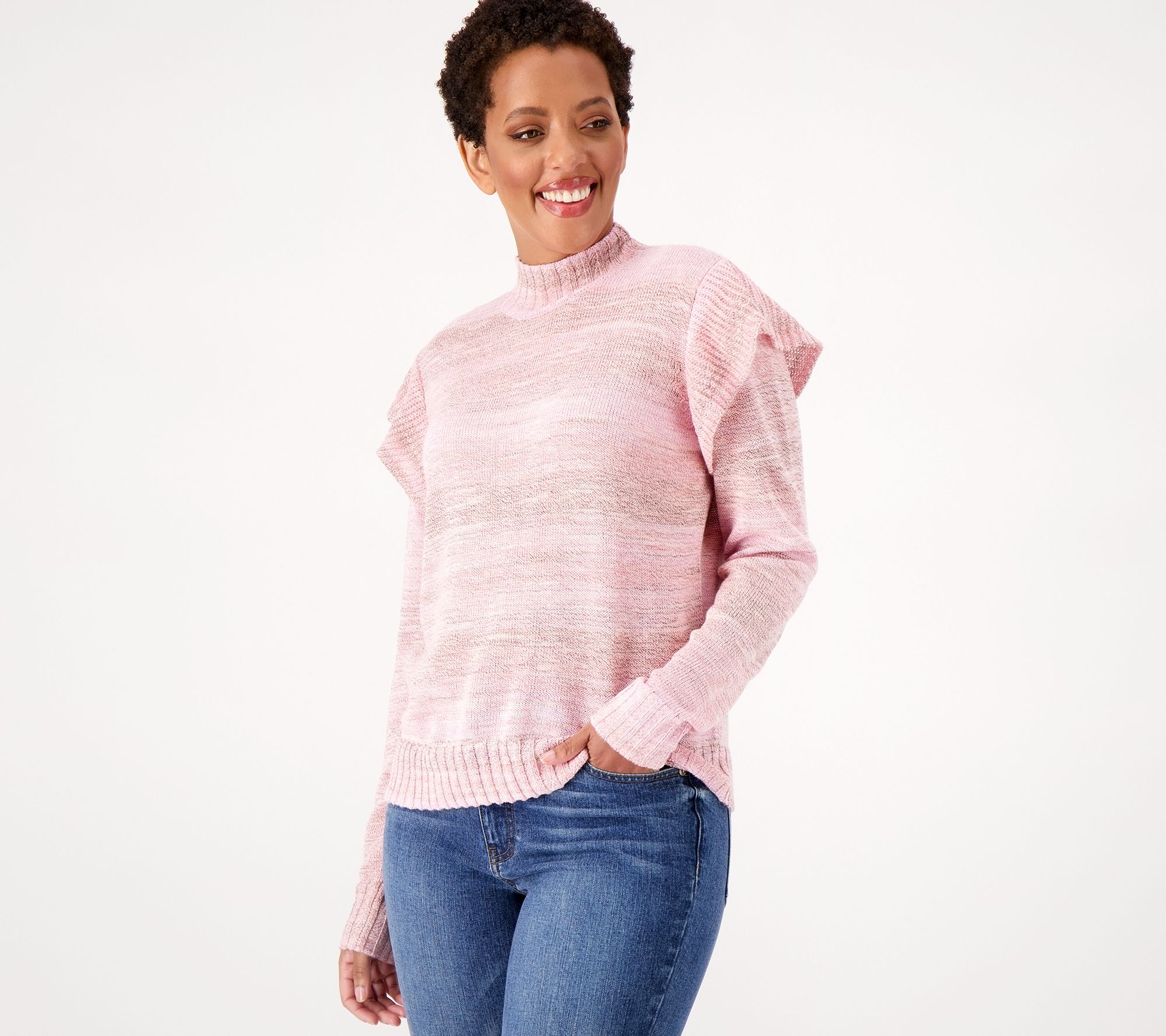 Candace Cameron Bure Ruffle Shoulder Mock-Neck Sweater