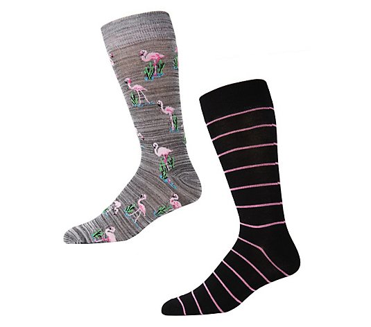 Memoi Men's Bamboo Blend Flamingo Crew Socks 2-  Pack