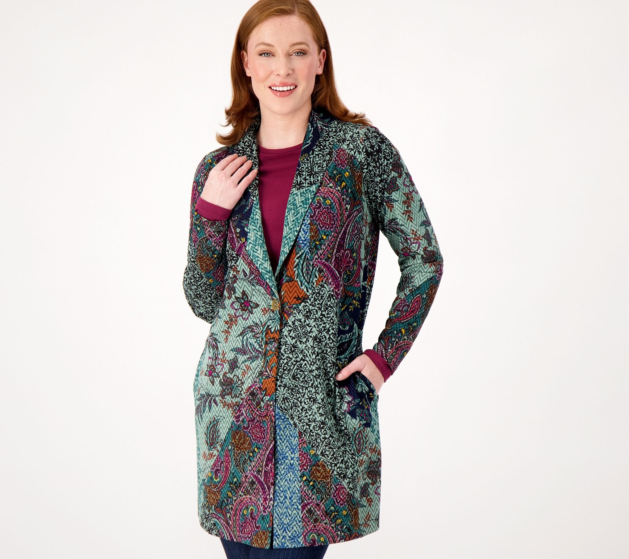 "As Is" Susan Graver Petite Printed Novelty Knit Jacket w/ Shawl Collar