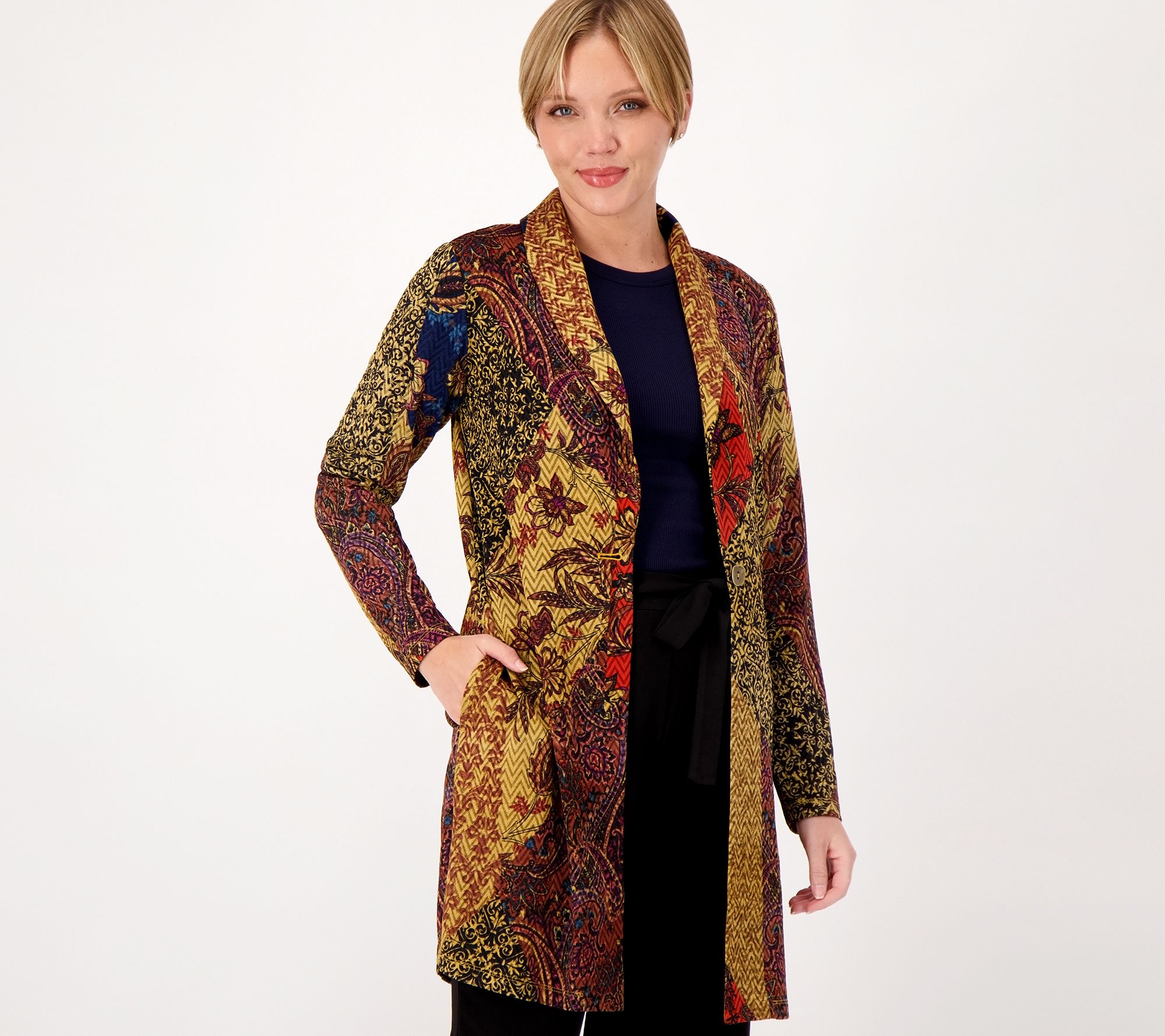 "As Is" Susan Graver Petite Printed Novelty Knit Jacket w/ Shawl Collar