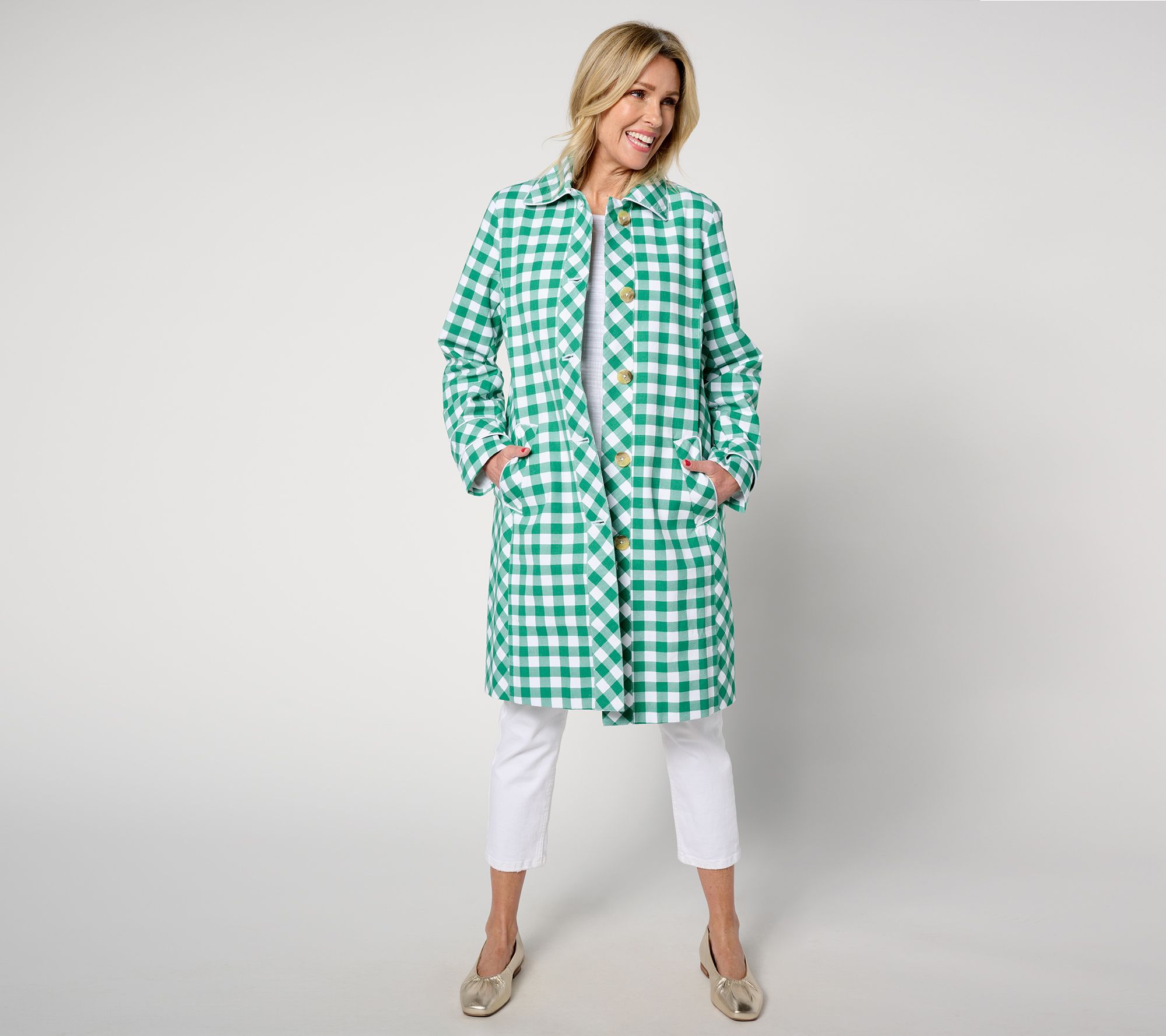 Isaac Mizrahi Live! Regular Gingham Button Front Car Coat