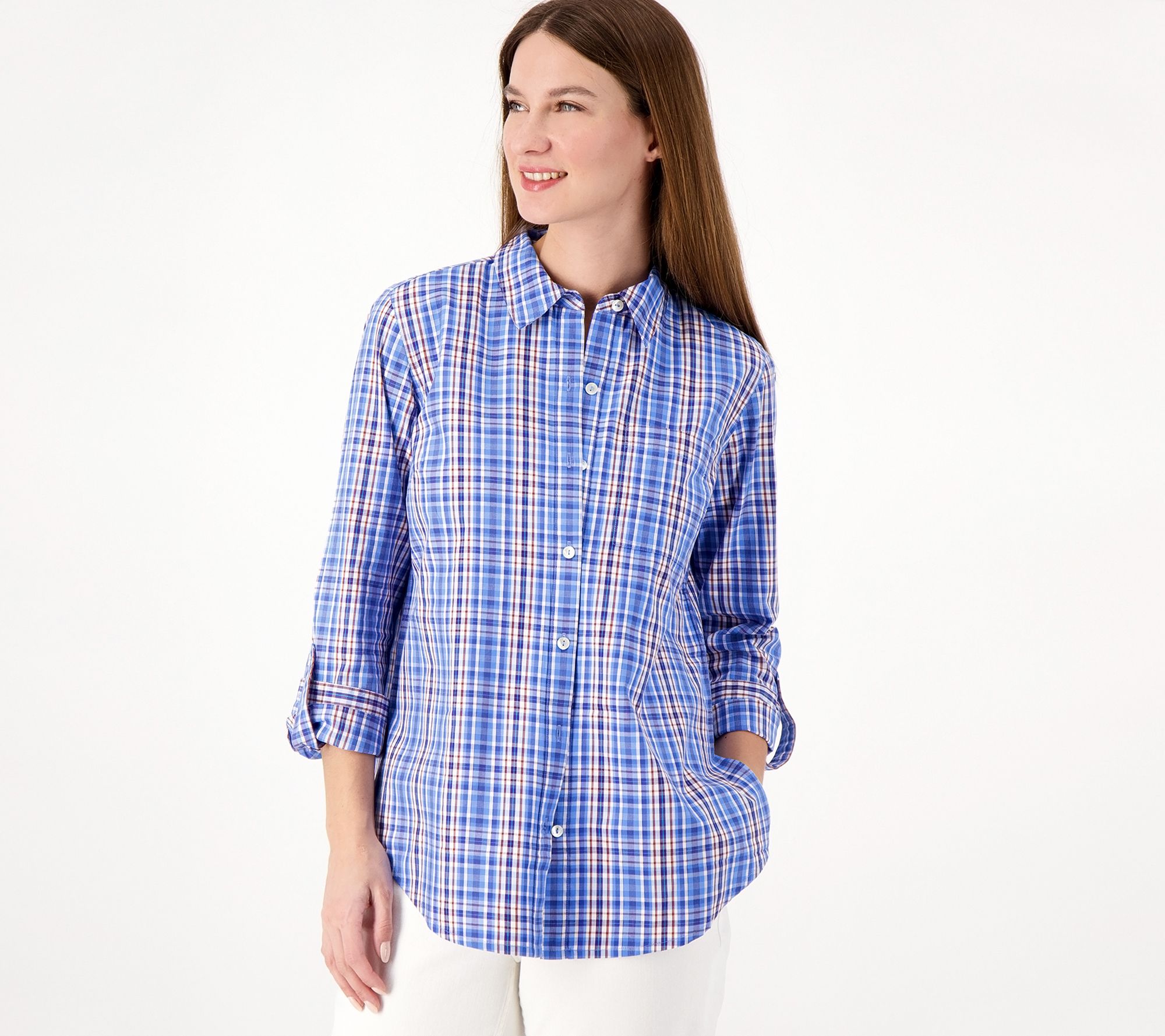 "As Is" Susan Graver Weekend Yarn-Dyed Plaid Button-Front Regular Shirt