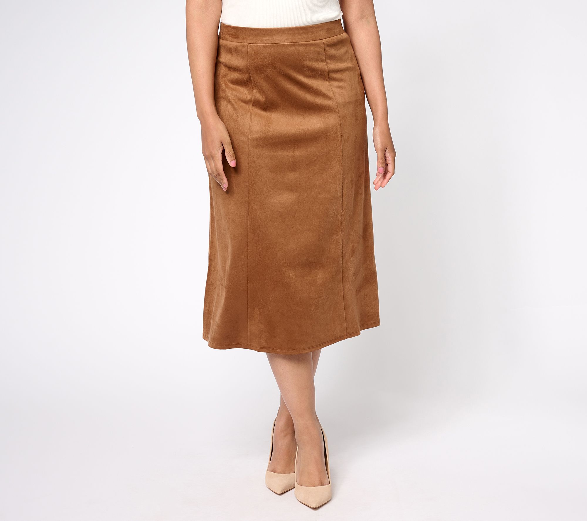 "As Is" Susan Graver Regular Knit Faux Suede Paneled Midi Skirt
