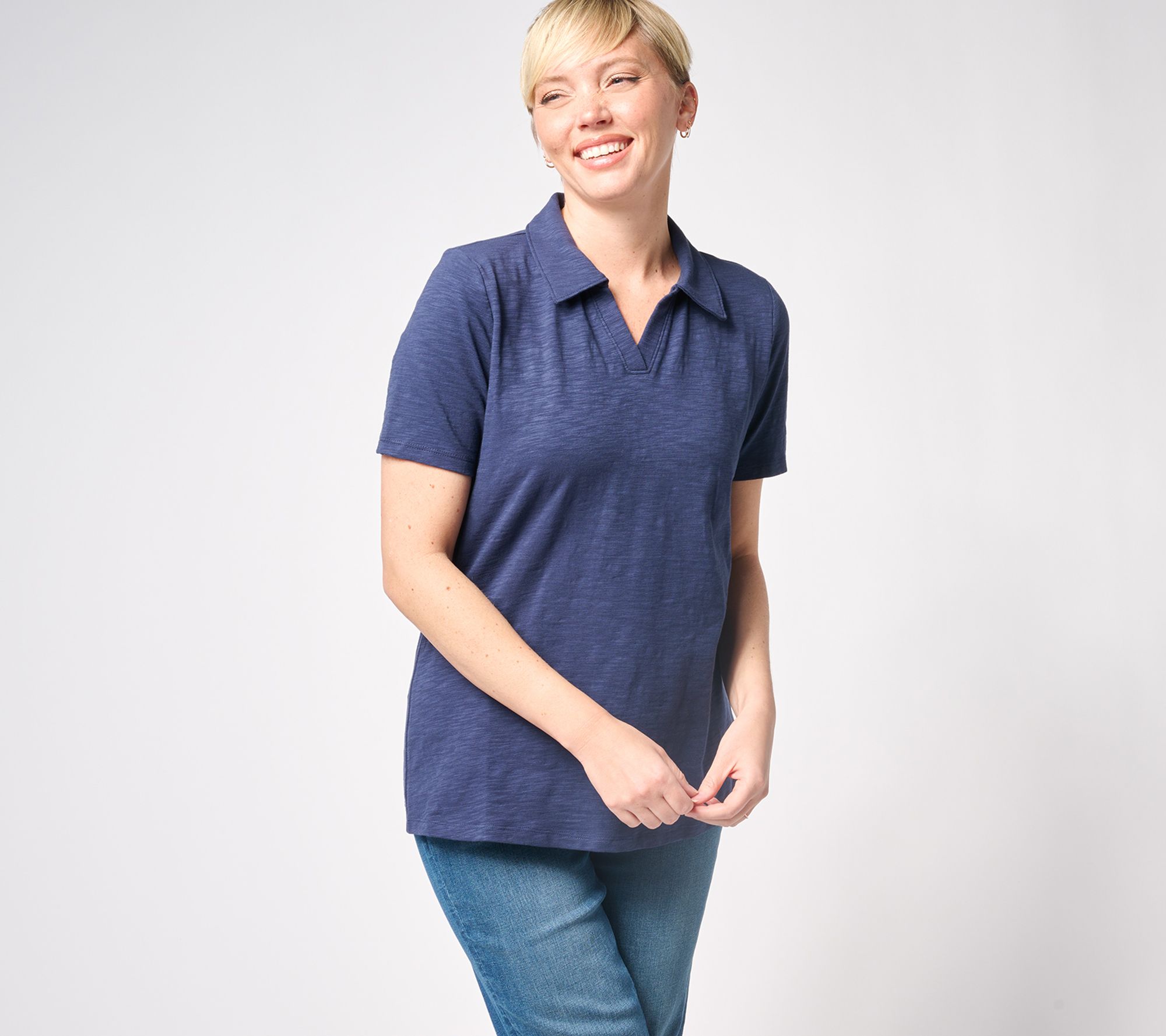 Denim & Co. Essentials Textured Knit Short Sleeve V-Neck Polo Top