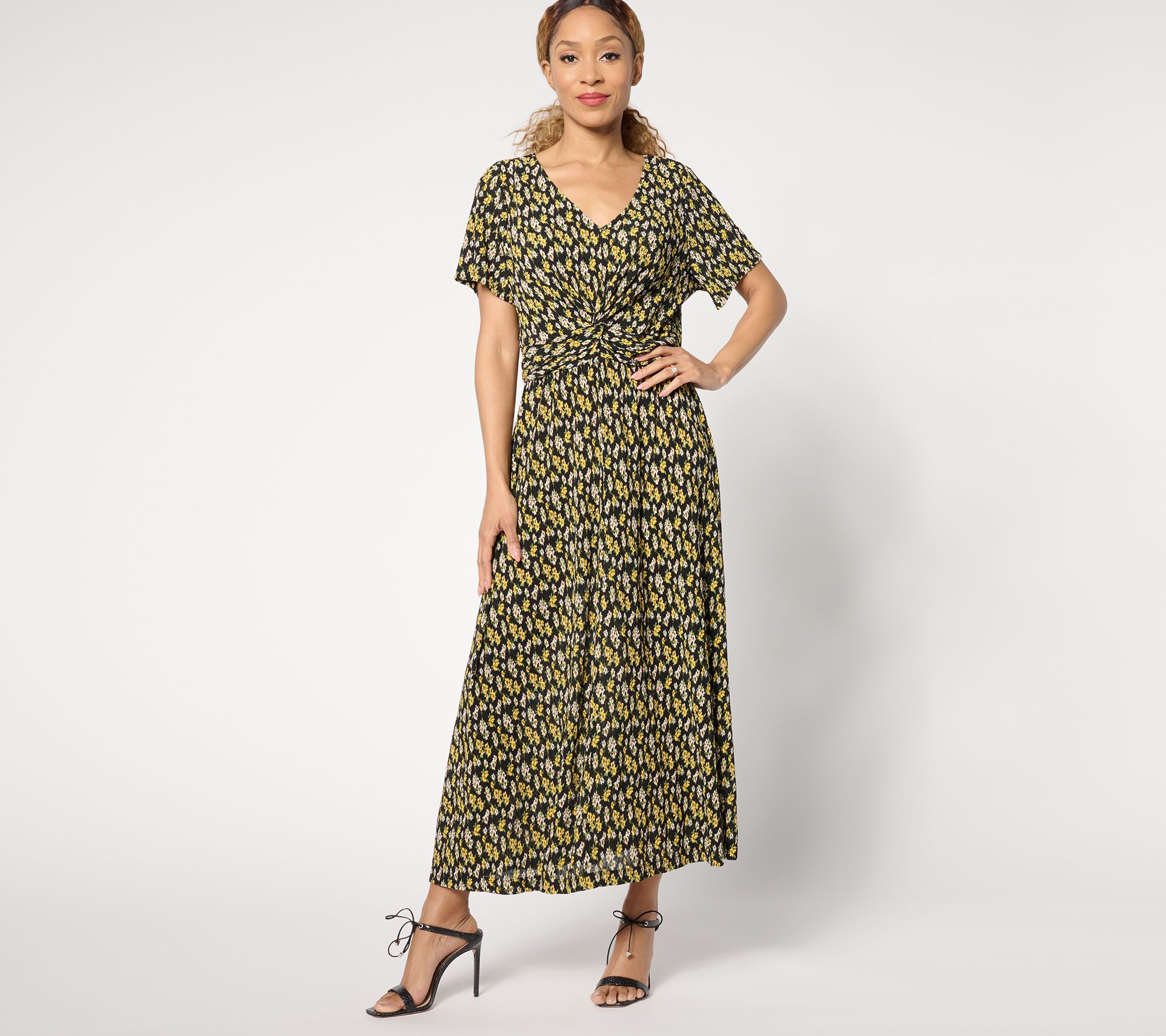 Isaac Mizrahi Live! Petite Printed Crinkle Knit Short Slv Maxi Dress