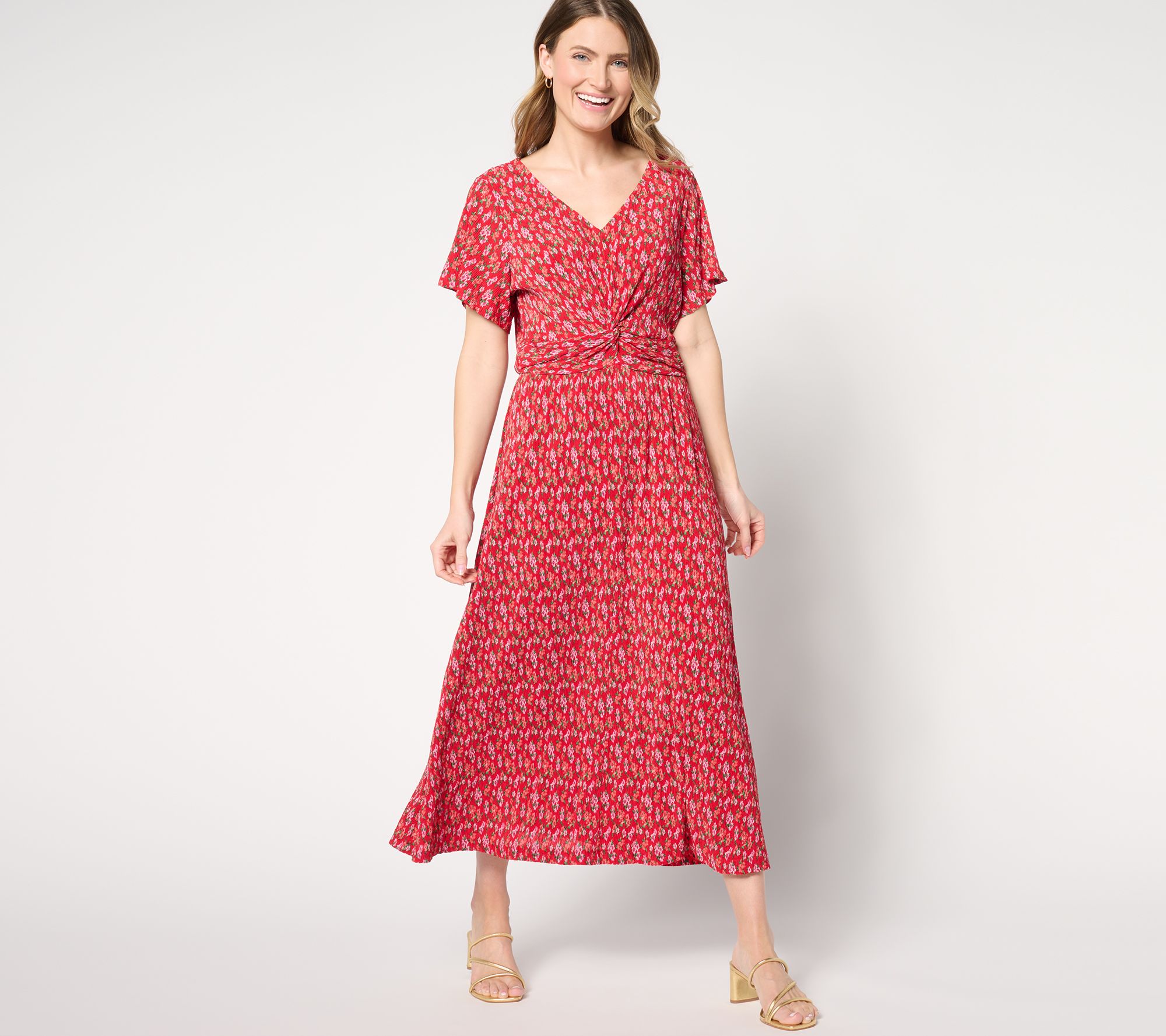 Isaac Mizrahi Live! Petite Printed Crinkle Knit Short Slv Maxi Dress