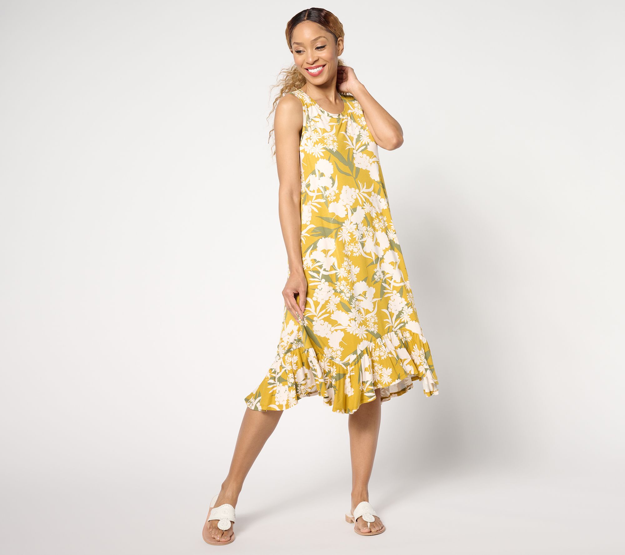 LOGO by Lori Goldstein Petite Rayon 230 Tank Dress with Ruffle Hem