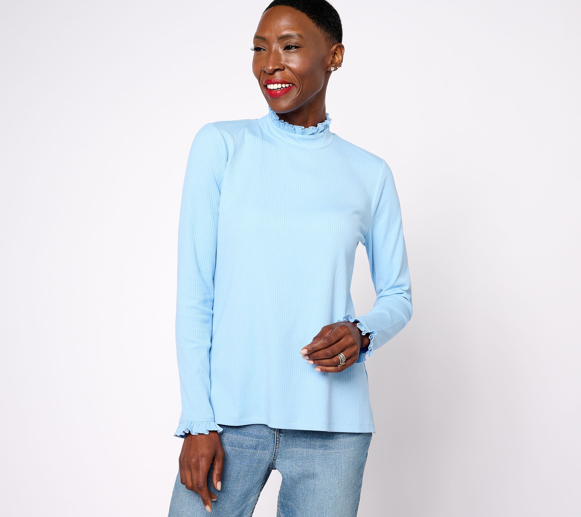 "As Is" Isaac Mizrahi Live! Long Sleeve Mock Neck Top with Ruffle