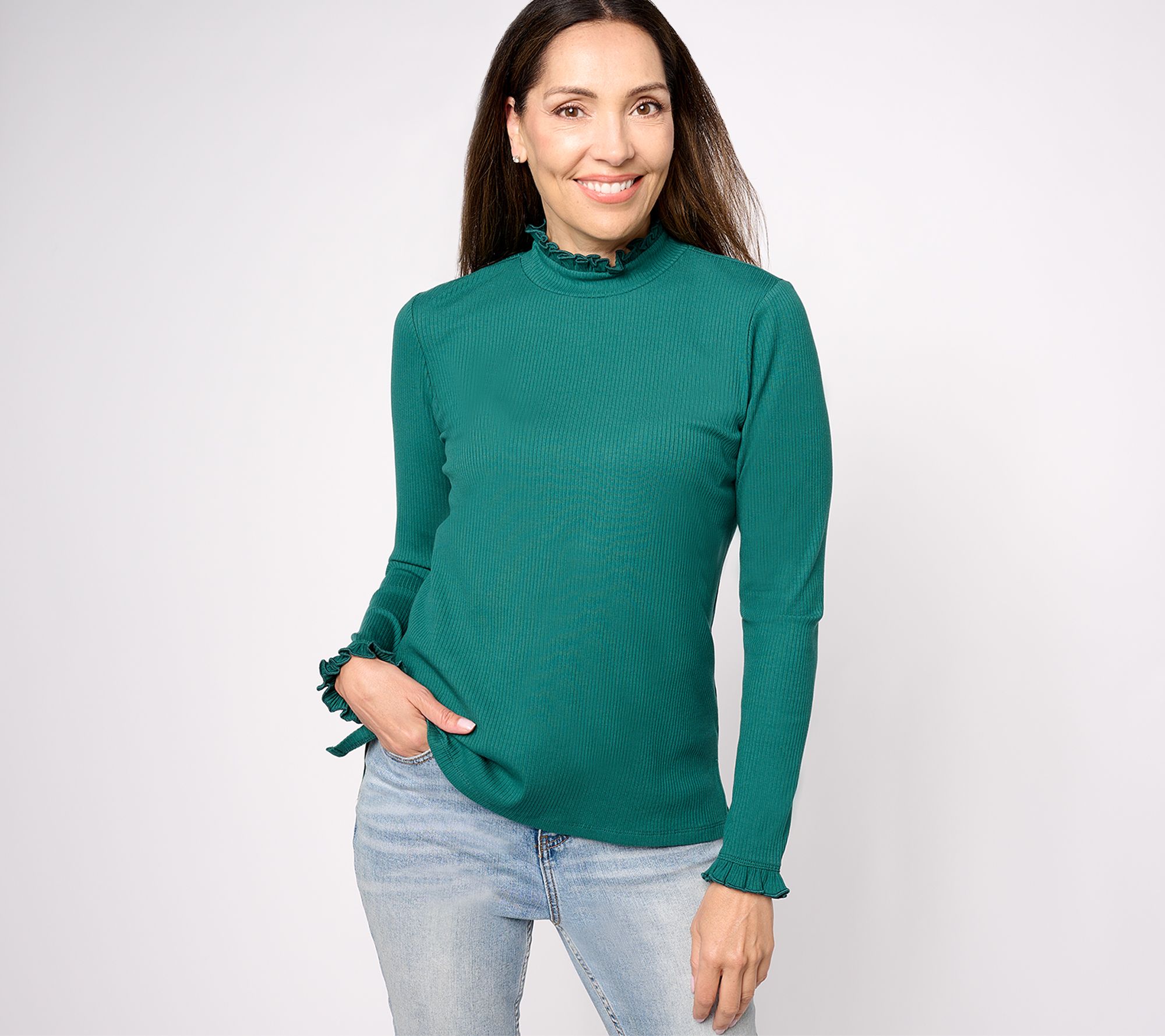"As Is" Isaac Mizrahi Live! Long Sleeve Mock Neck Top with Ruffle