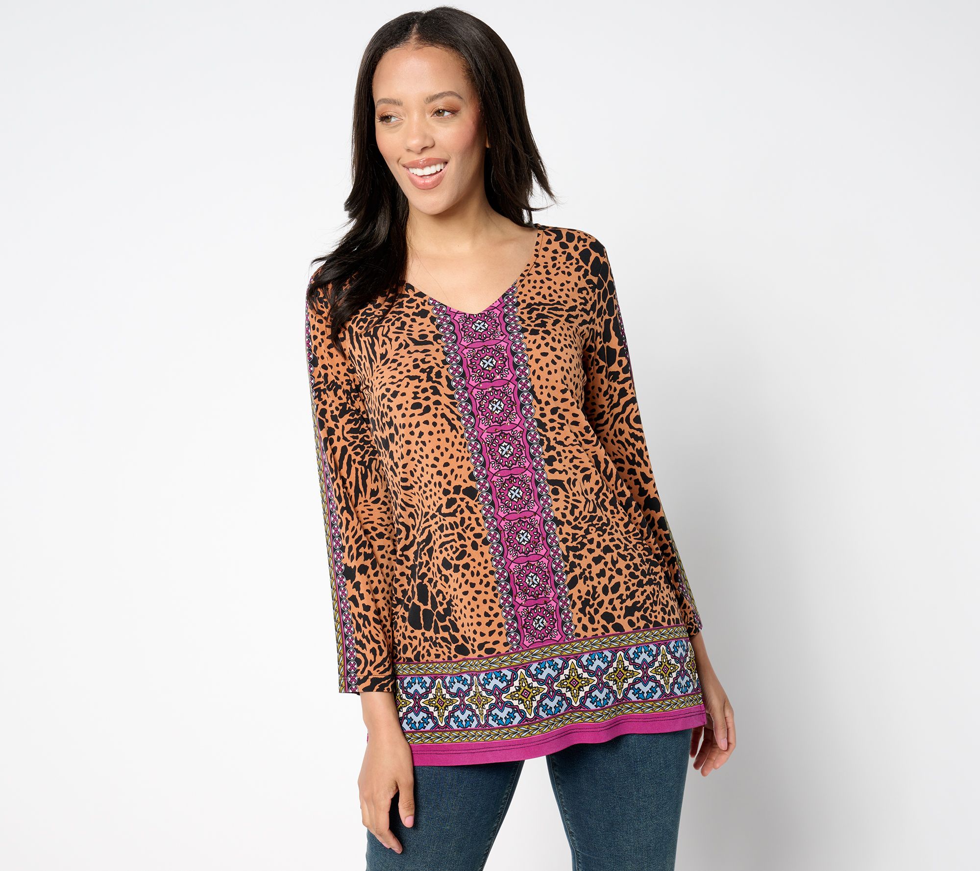 Susan Graver Pet Printed Liquid Knit 3/4 Slv V-Neck Top w/Embellishment