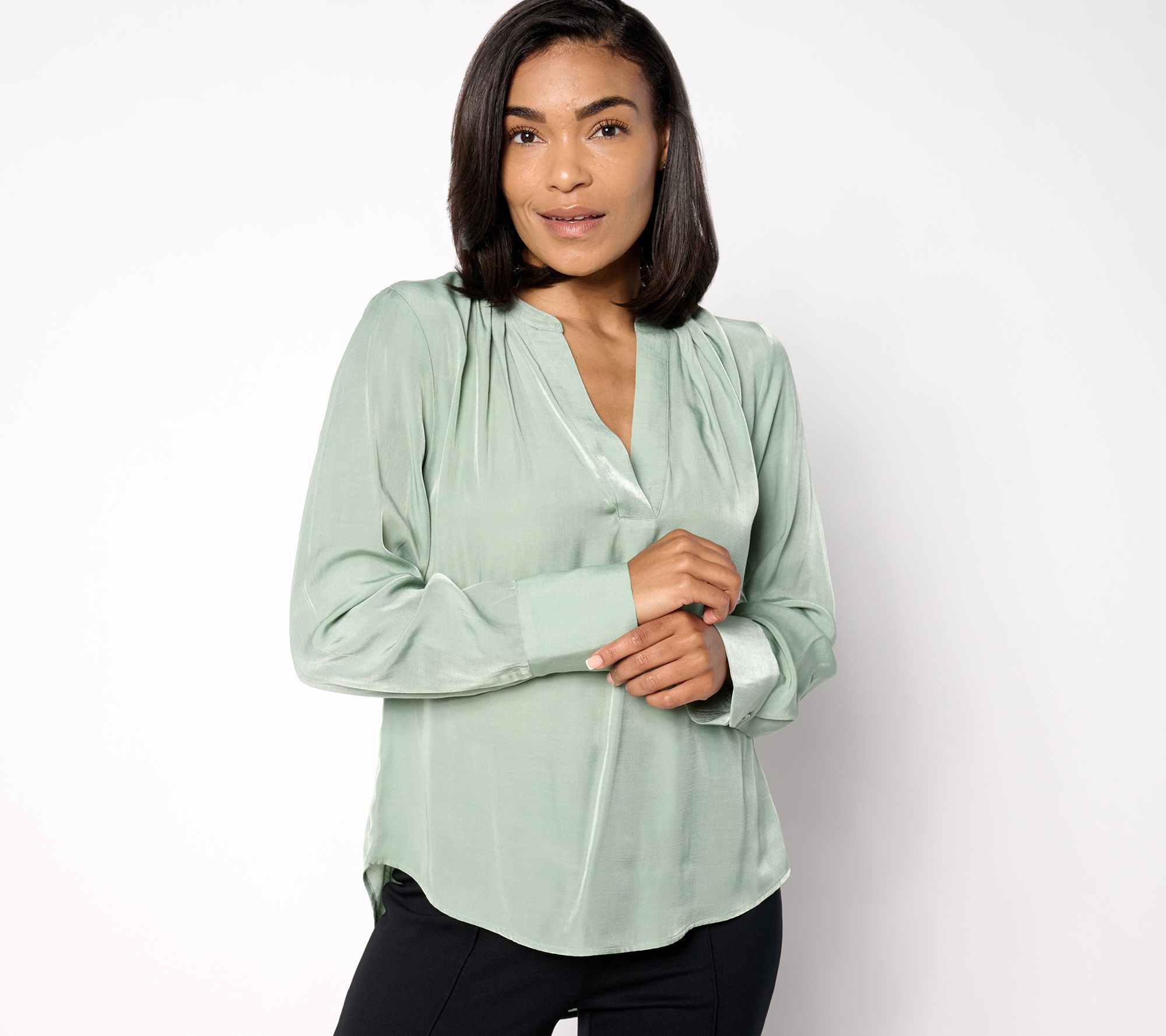 BEAUTIFUL by Lawrence Zarian Split V-Neck Pleat Detail Woven Blouse