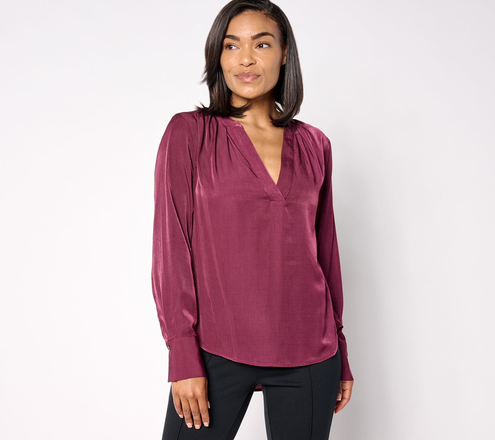 BEAUTIFUL by Lawrence Zarian Split V-Neck Pleat Detail Woven Blouse