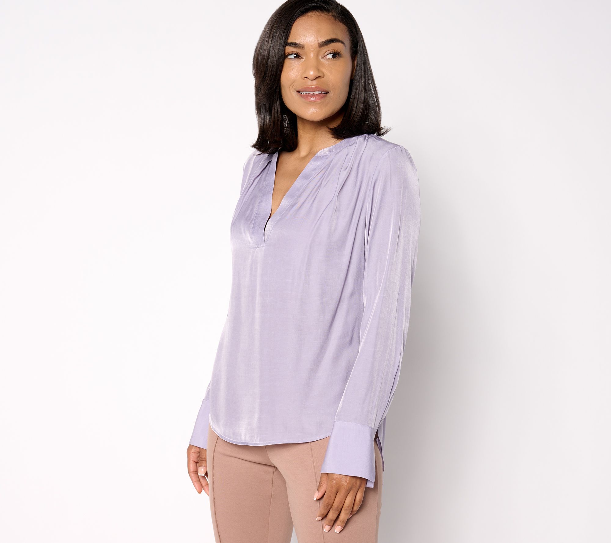 BEAUTIFUL by Lawrence Zarian Split V-Neck Pleat Detail Woven Blouse