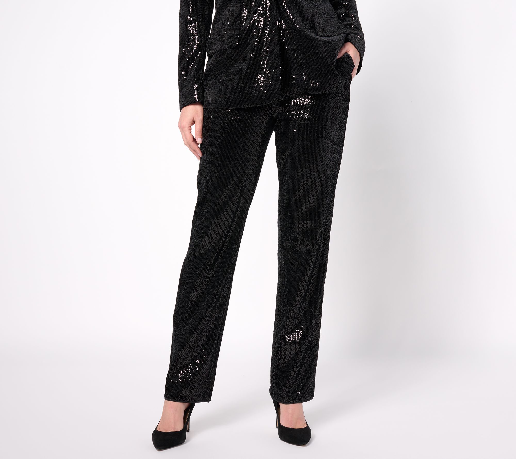 "As Is" Mizrahi Live! Petite Always Isaac Sequin Straight Leg Pants