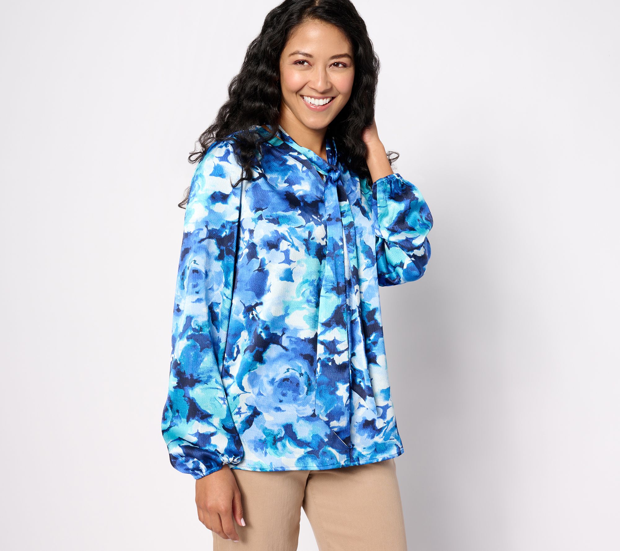 "As Is" Isaac Mizrahi Live! Printed Stretch Sateen Blouse w/ Detach Bow