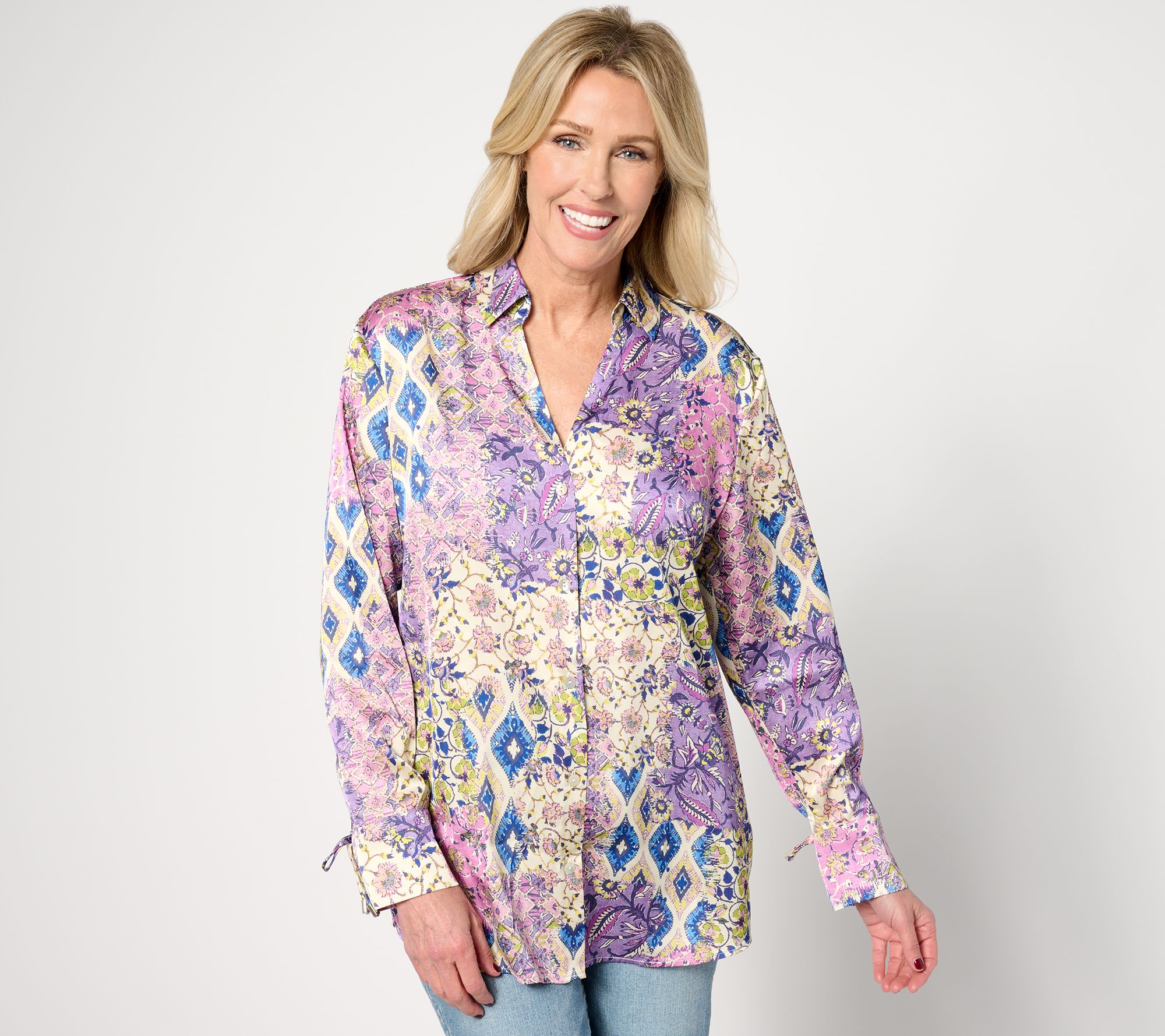 "As Is" Susan Graver Regular Printed Stretch Charmuse Button Front Shirt