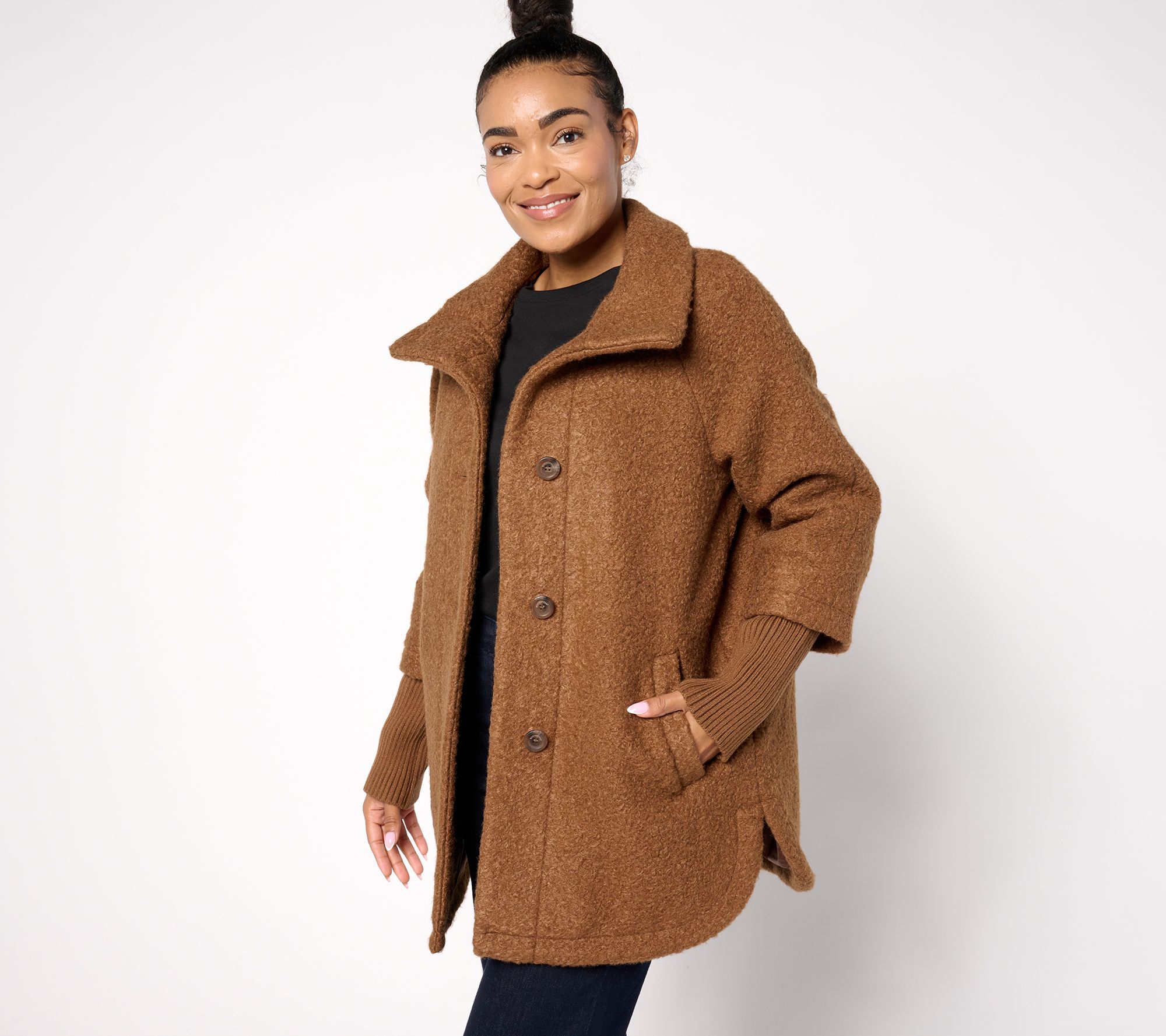 Weatherproof Boucle Car Coat with Knit Sleeves