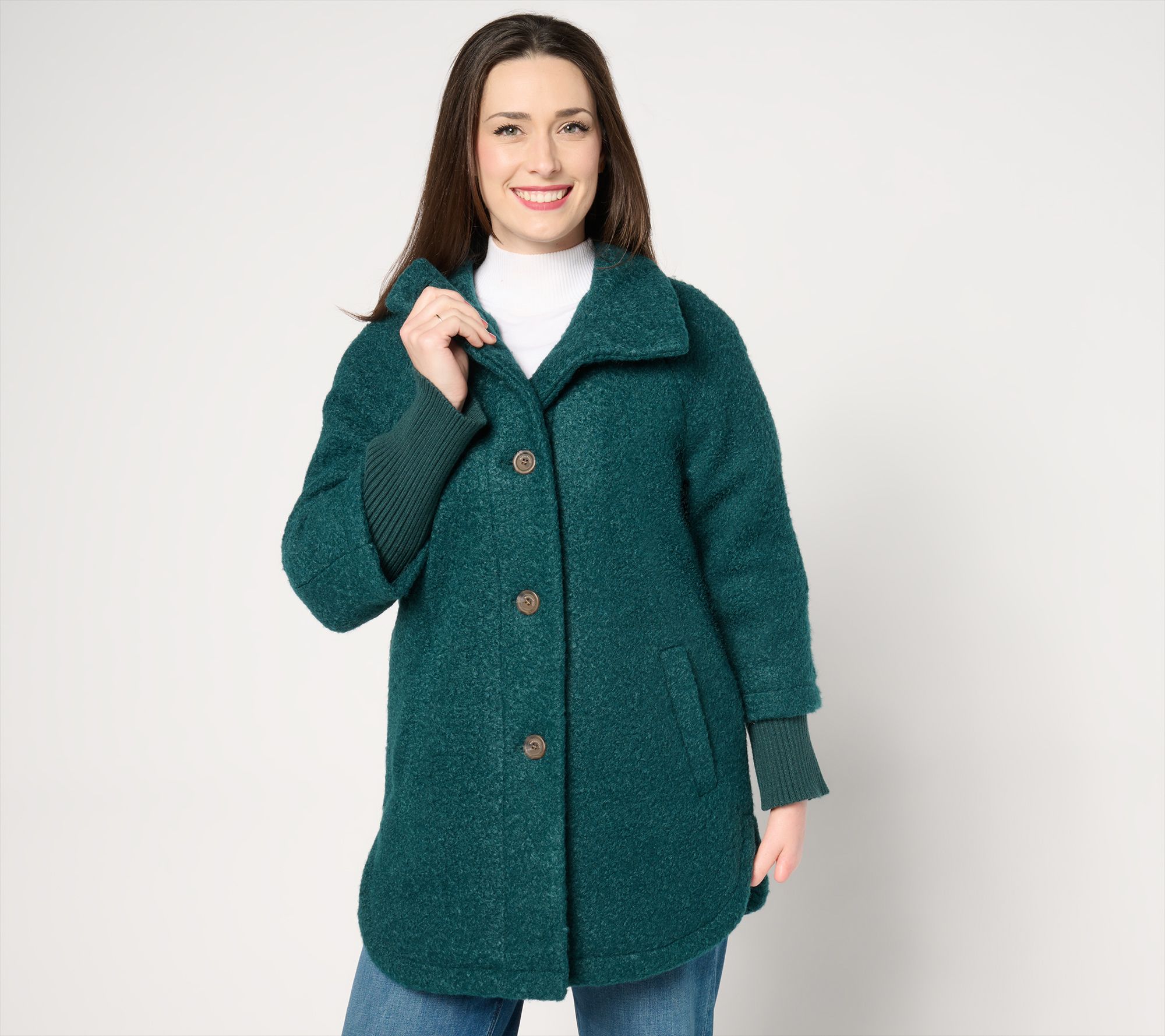 Weatherproof Boucle Car Coat with Knit Sleeves