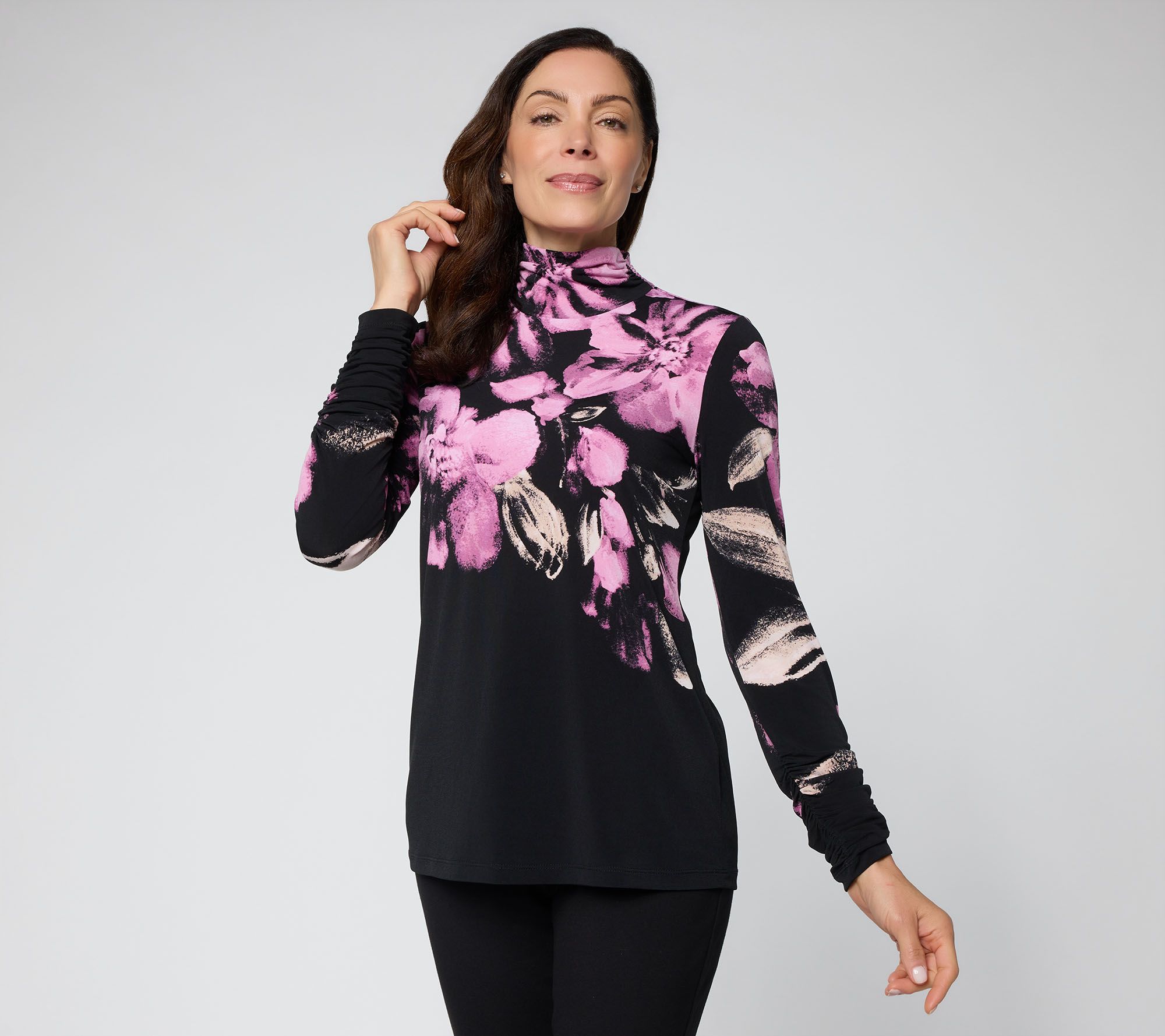 Susan Graver Regular Printed Liquid Knit Mock Neck Long Sleeve Top