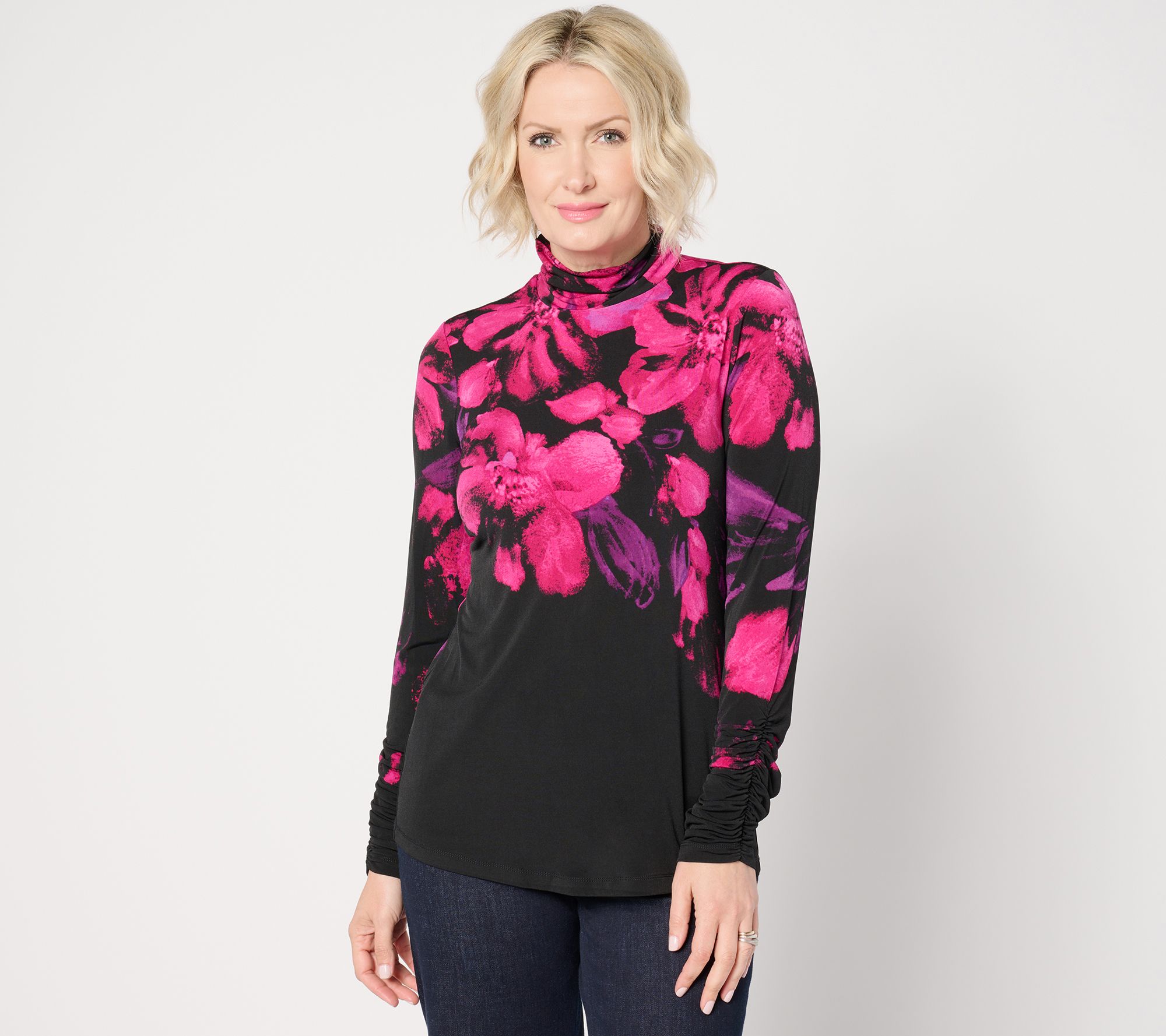 Susan Graver Regular Printed Liquid Knit Mock Neck Long Sleeve Top