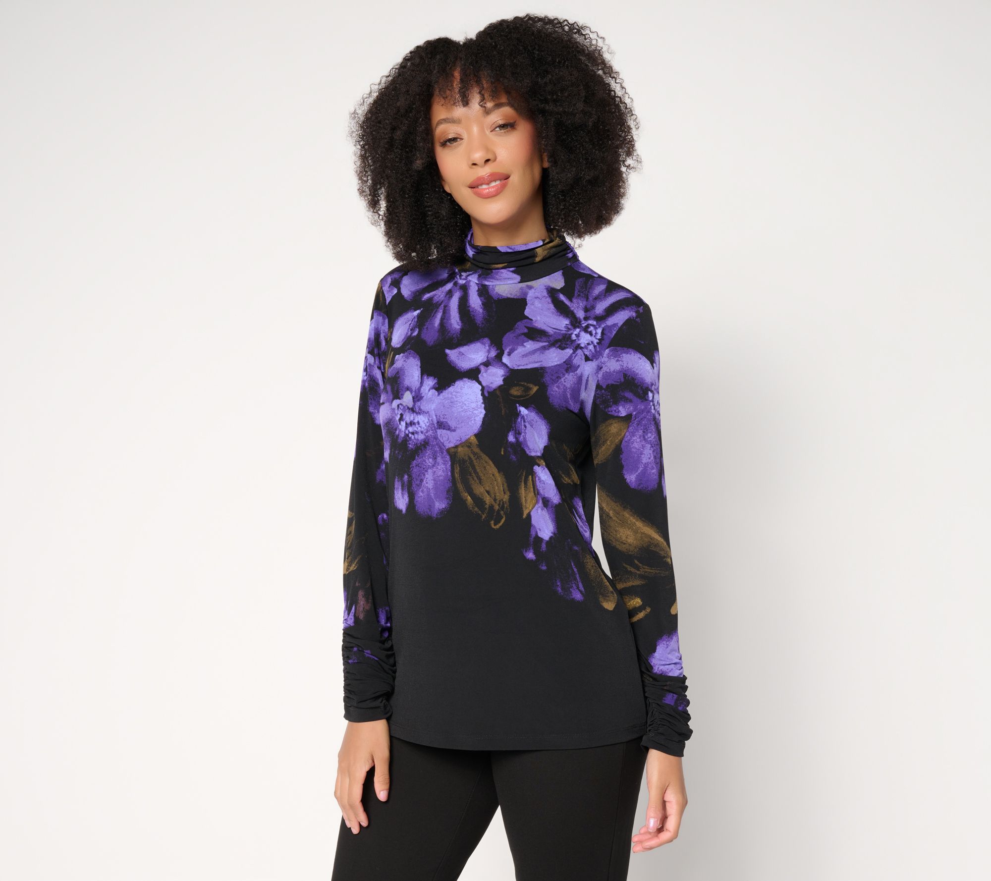 Susan Graver Regular Printed Liquid Knit Mock Neck Long Sleeve Top