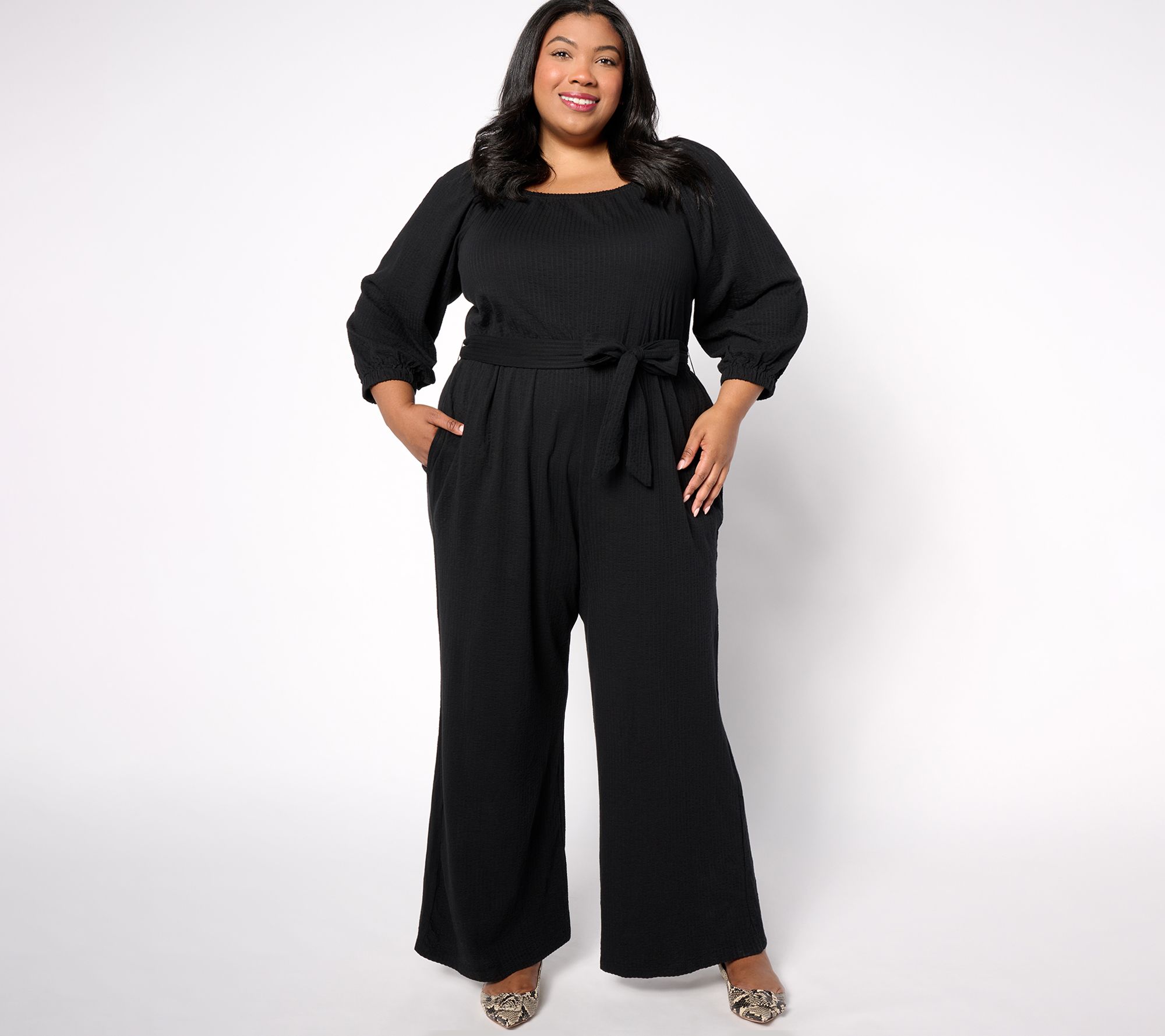AnyBody Regular DayDreamer Knit 3/4 Sleeve Tie Waist Jumpsuit